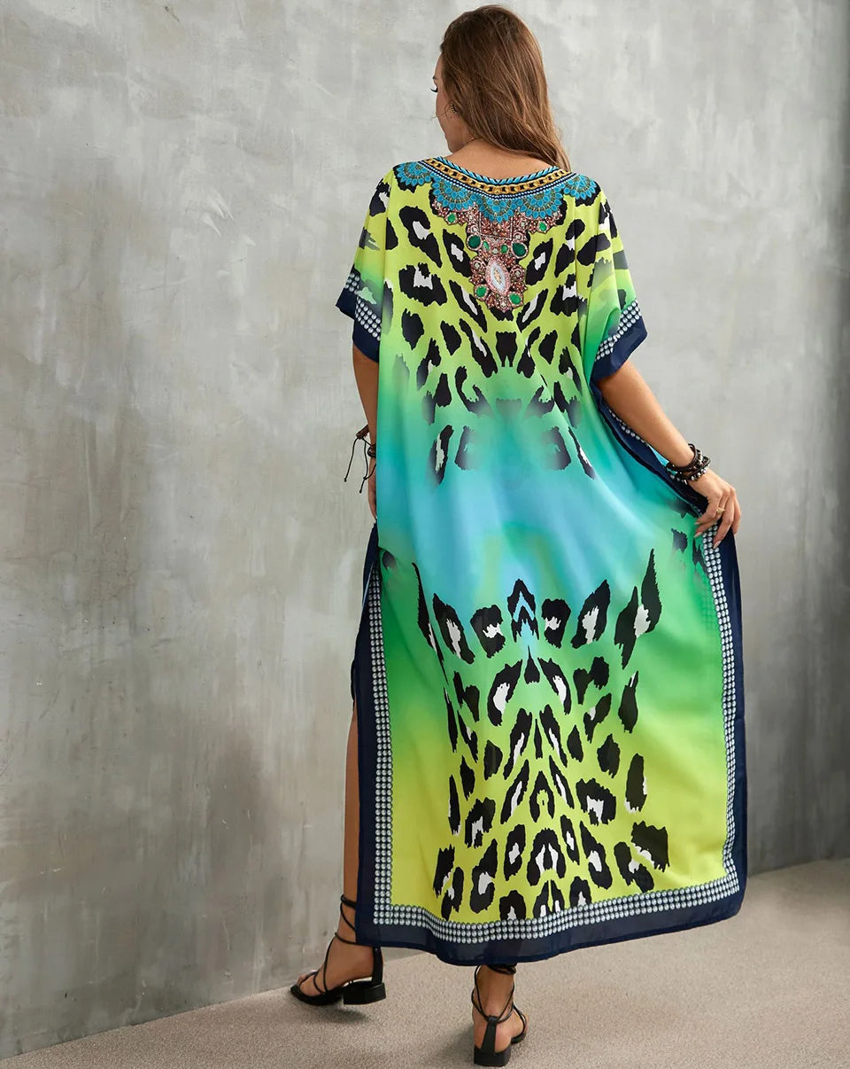 2023 Priint Maxi Dress Beach Cover Up Kaftan Robe Plage Pareos V Neck Long Dresses Summer Women Bathing Suit Cover Up Beachwear