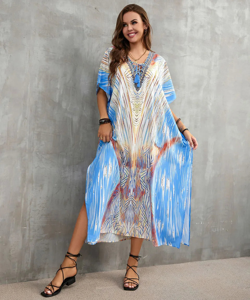 2023 Priint Maxi Dress Beach Cover Up Kaftan Robe Plage Pareos V Neck Long Dresses Summer Women Bathing Suit Cover Up Beachwear