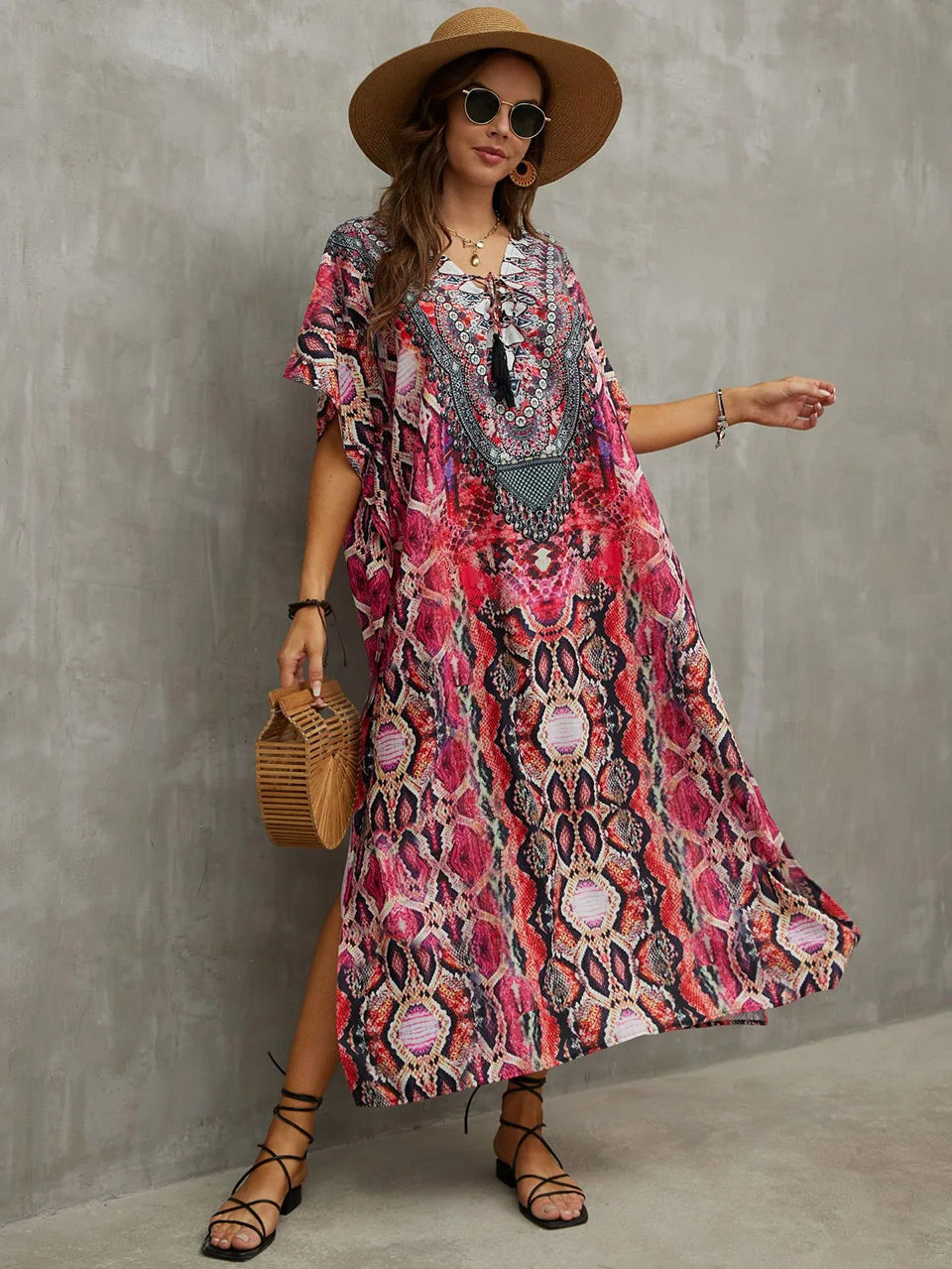 2023 Priint Maxi Dress Beach Cover Up Kaftan Robe Plage Pareos V Neck Long Dresses Summer Women Bathing Suit Cover Up Beachwear
