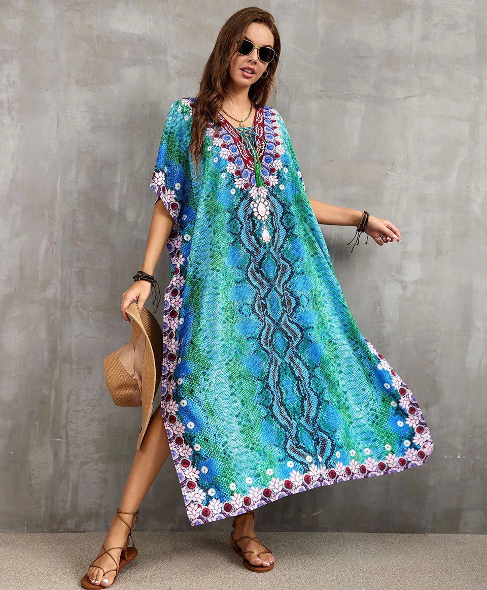 2023 Priint Maxi Dress Beach Cover Up Kaftan Robe Plage Pareos V Neck Long Dresses Summer Women Bathing Suit Cover Up Beachwear