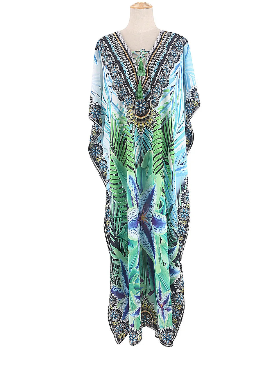 2023 Priint Maxi Dress Beach Cover Up Kaftan Robe Plage Pareos V Neck Long Dresses Summer Women Bathing Suit Cover Up Beachwear