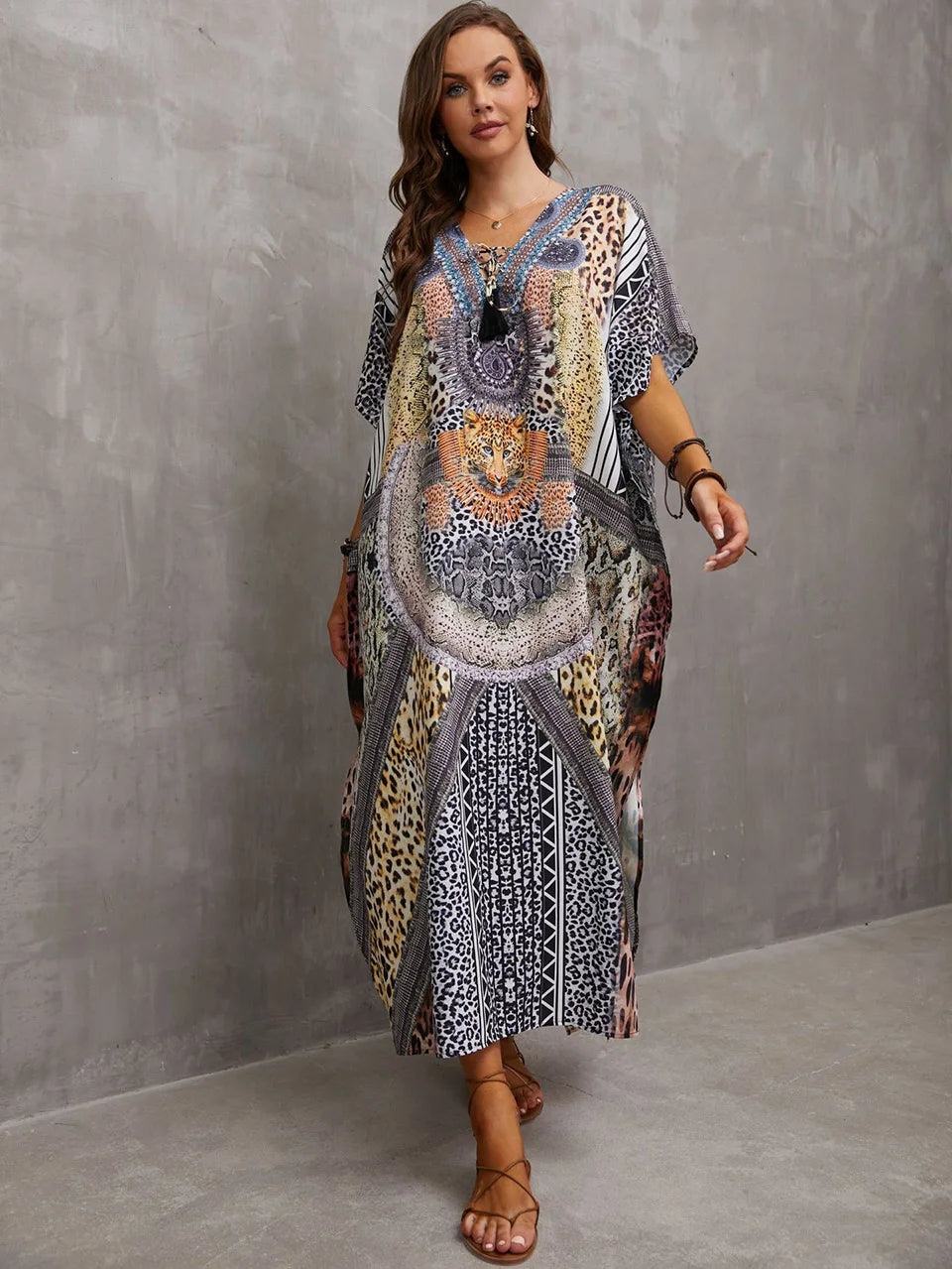 2023 Priint Maxi Dress Beach Cover Up Kaftan Robe Plage Pareos V Neck Long Dresses Summer Women Bathing Suit Cover Up Beachwear