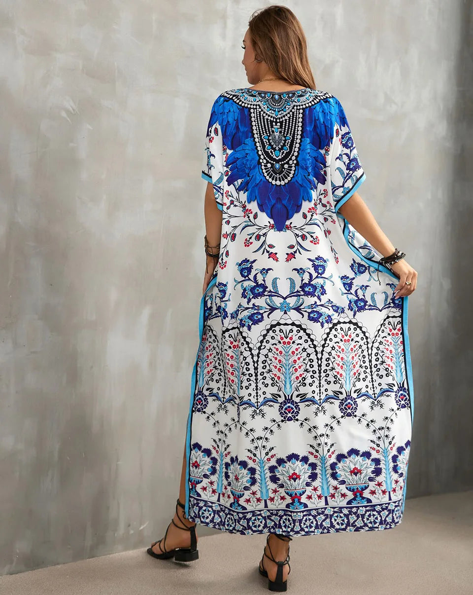 2023 Priint Maxi Dress Beach Cover Up Kaftan Robe Plage Pareos V Neck Long Dresses Summer Women Bathing Suit Cover Up Beachwear