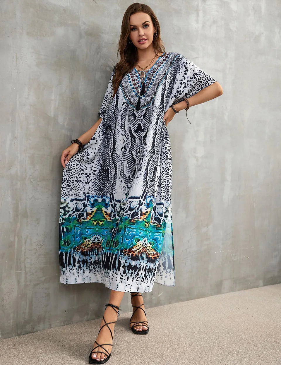 2023 Priint Maxi Dress Beach Cover Up Kaftan Robe Plage Pareos V Neck Long Dresses Summer Women Bathing Suit Cover Up Beachwear