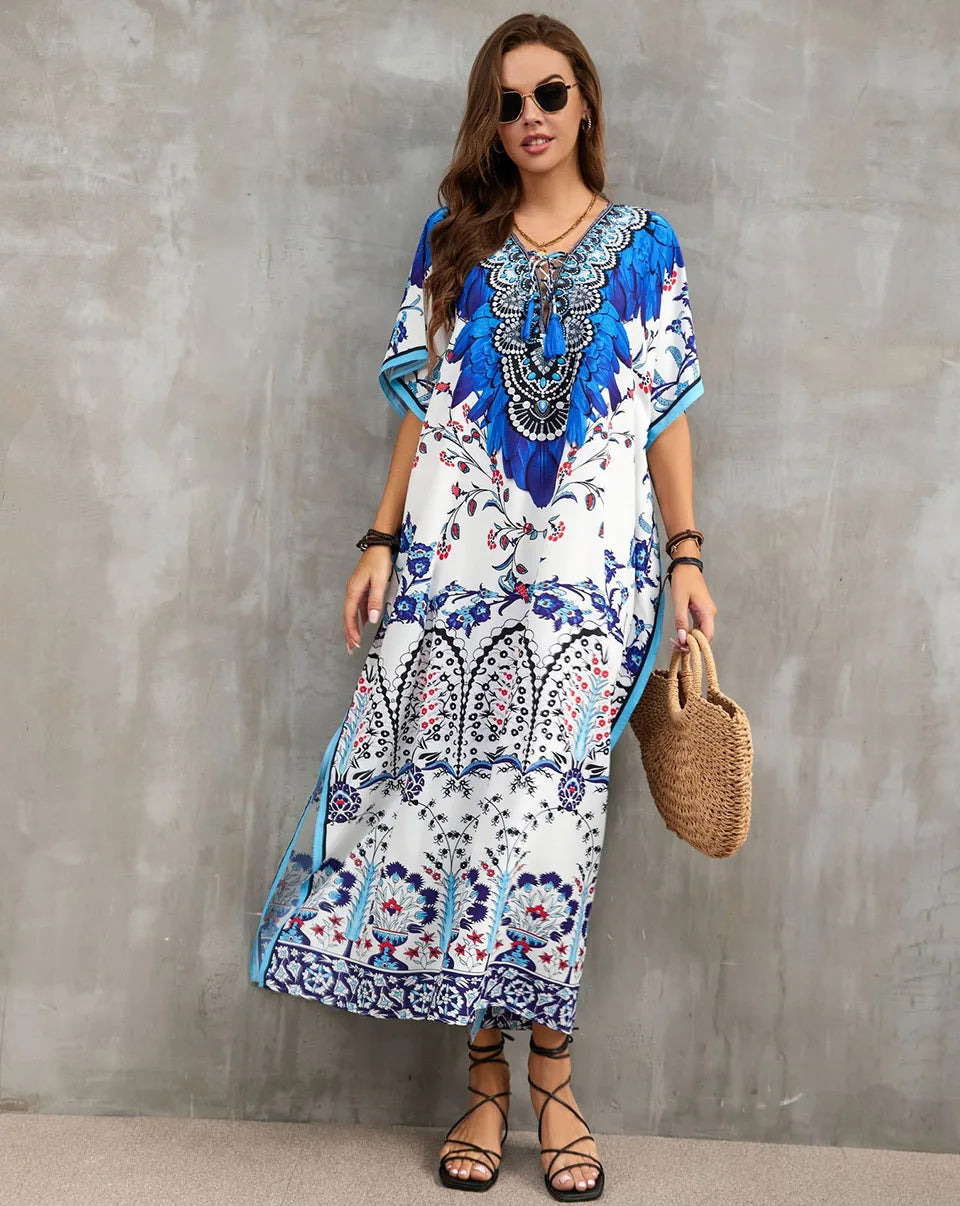 2023 Priint Maxi Dress Beach Cover Up Kaftan Robe Plage Pareos V Neck Long Dresses Summer Women Bathing Suit Cover Up Beachwear