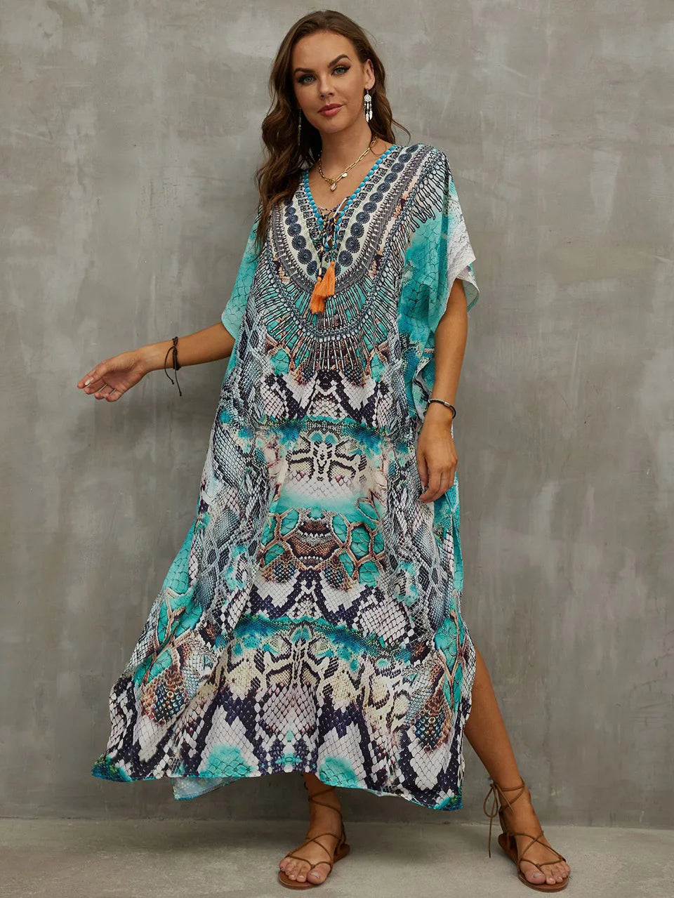2023 Priint Maxi Dress Beach Cover Up Kaftan Robe Plage Pareos V Neck Long Dresses Summer Women Bathing Suit Cover Up Beachwear