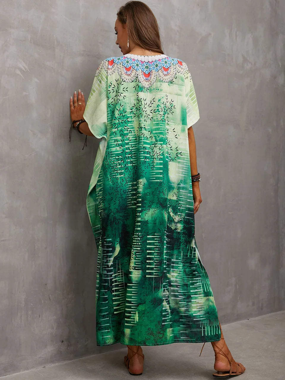 2023 Priint Maxi Dress Beach Cover Up Kaftan Robe Plage Pareos V Neck Long Dresses Summer Women Bathing Suit Cover Up Beachwear