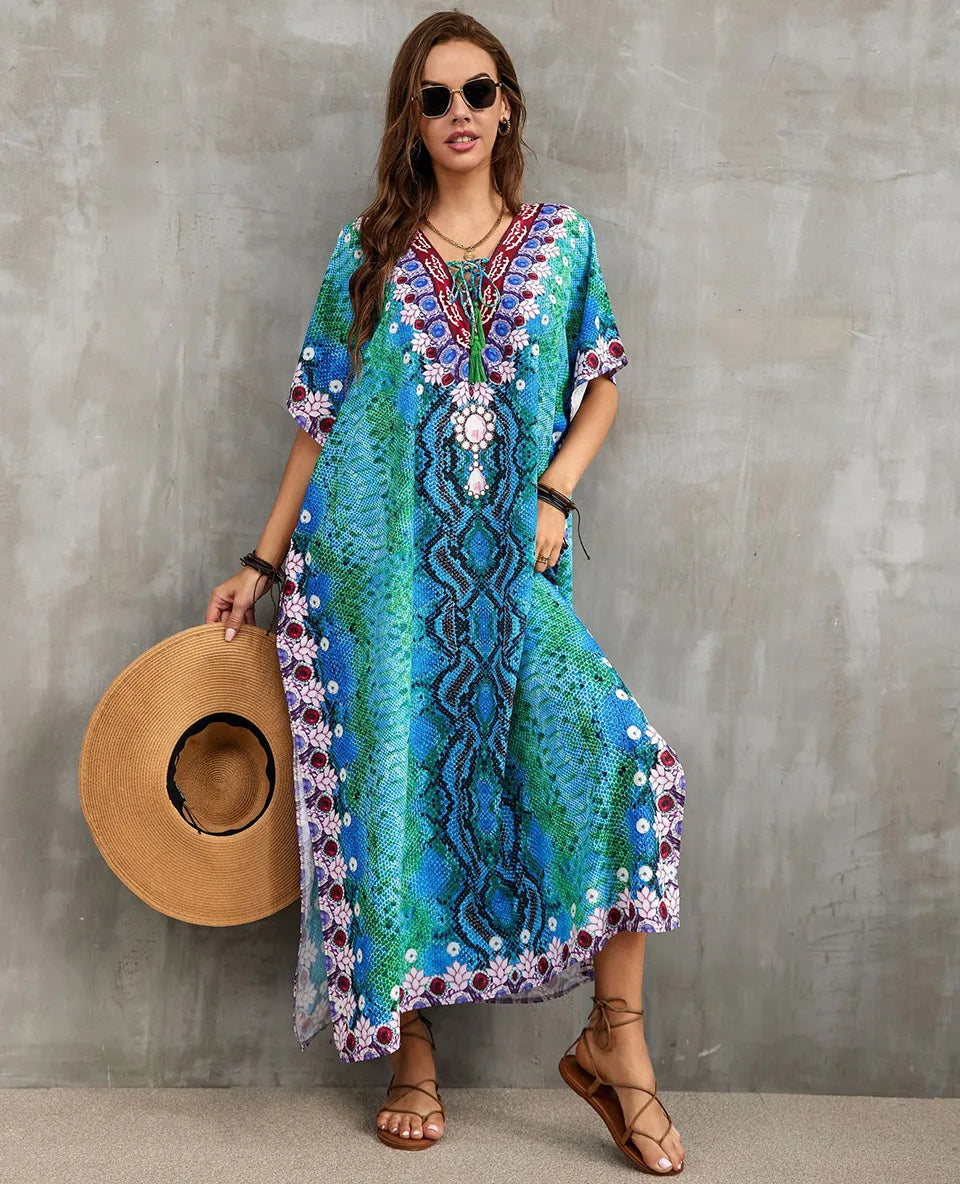 2023 Priint Maxi Dress Beach Cover Up Kaftan Robe Plage Pareos V Neck Long Dresses Summer Women Bathing Suit Cover Up Beachwear