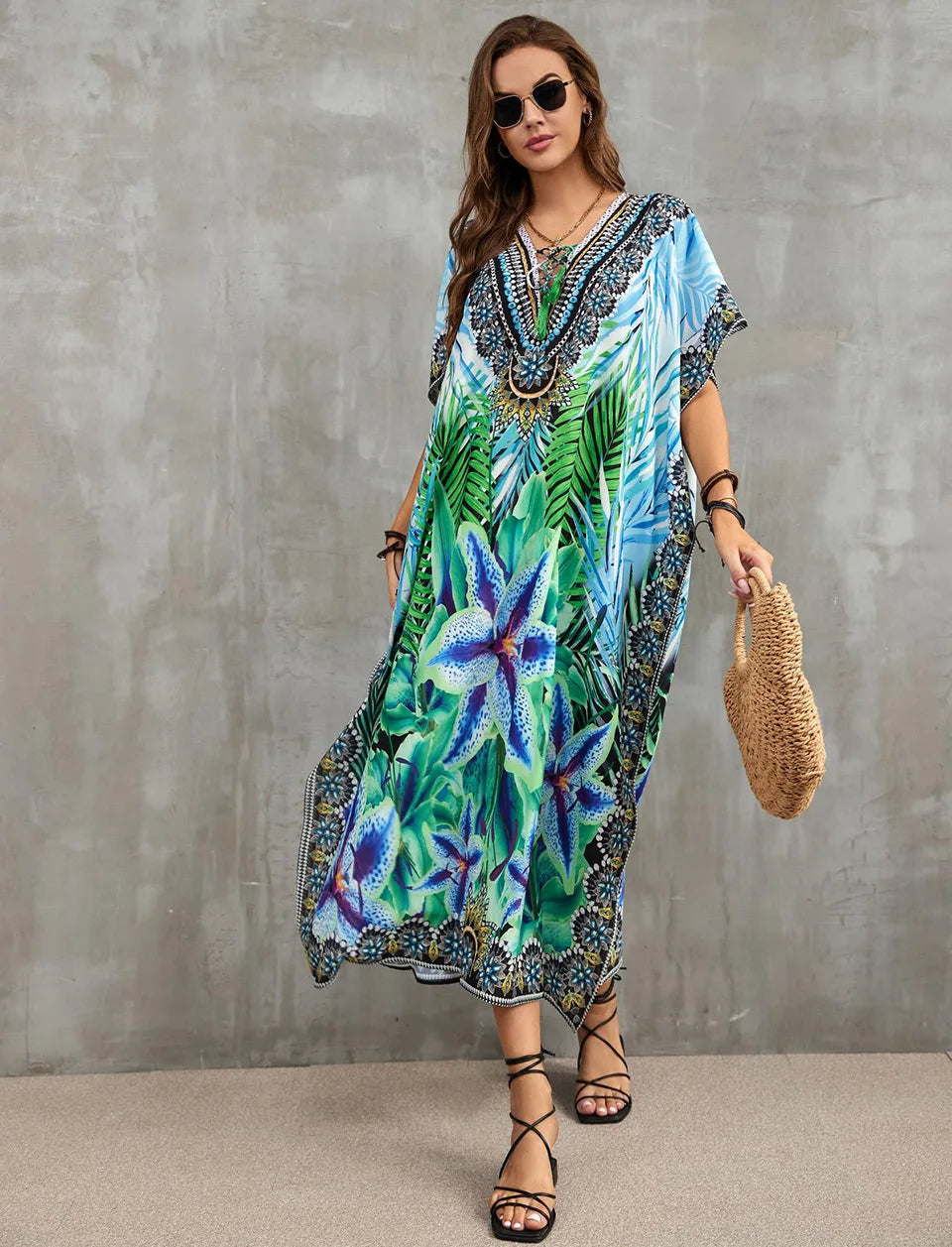 2023 Priint Maxi Dress Beach Cover Up Kaftan Robe Plage Pareos V Neck Long Dresses Summer Women Bathing Suit Cover Up Beachwear