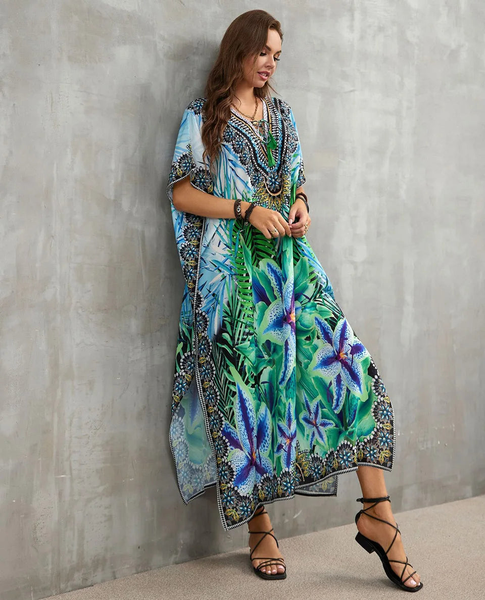 2023 Priint Maxi Dress Beach Cover Up Kaftan Robe Plage Pareos V Neck Long Dresses Summer Women Bathing Suit Cover Up Beachwear