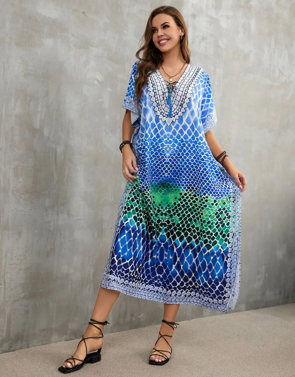 2023 Priint Maxi Dress Beach Cover Up Kaftan Robe Plage Pareos V Neck Long Dresses Summer Women Bathing Suit Cover Up Beachwear
