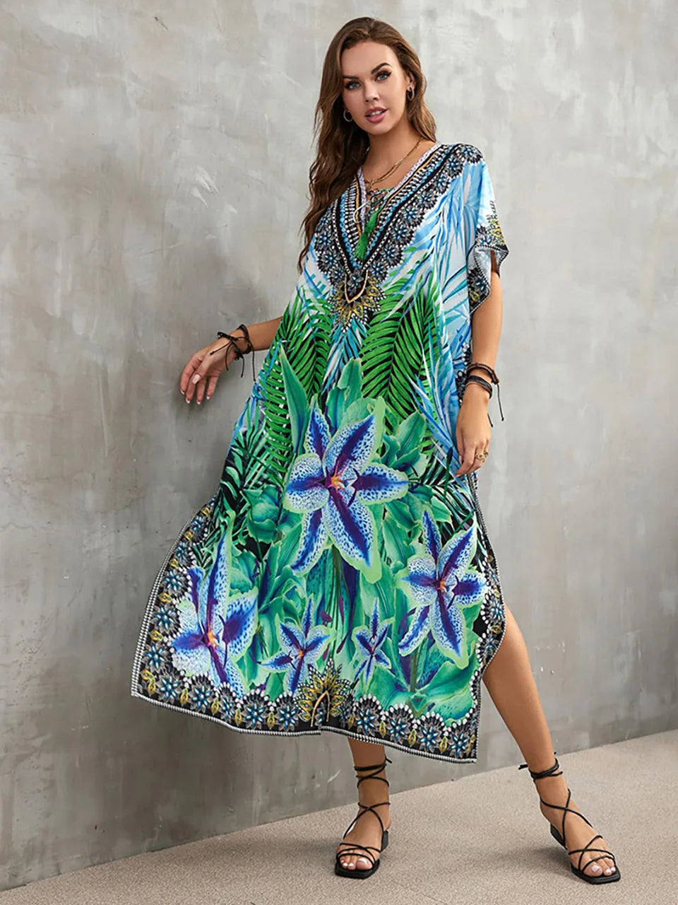 2023 Priint Maxi Dress Beach Cover Up Kaftan Robe Plage Pareos V Neck Long Dresses Summer Women Bathing Suit Cover Up Beachwear