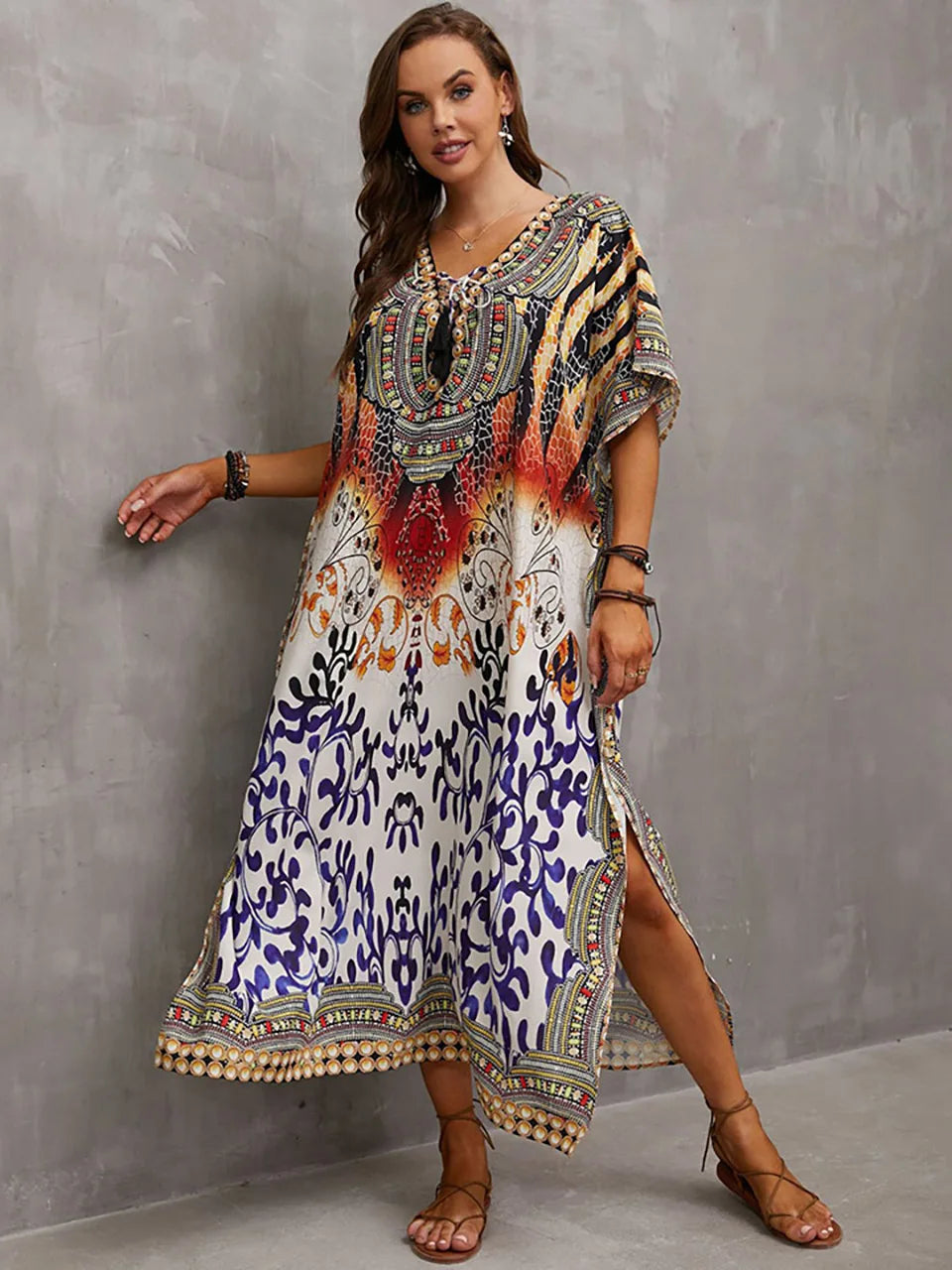 2023 Priint Maxi Dress Beach Cover Up Kaftan Robe Plage Pareos V Neck Long Dresses Summer Women Bathing Suit Cover Up Beachwear