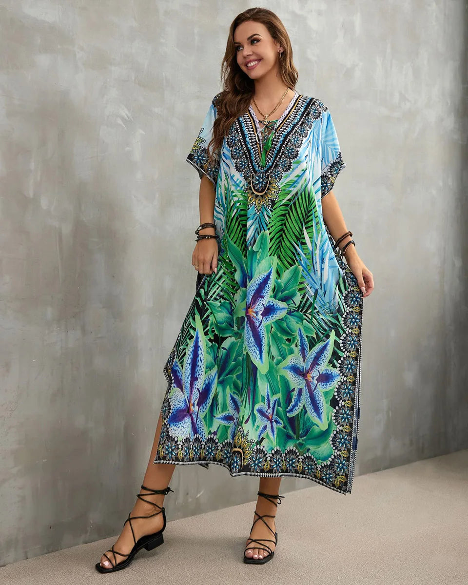 2023 Priint Maxi Dress Beach Cover Up Kaftan Robe Plage Pareos V Neck Long Dresses Summer Women Bathing Suit Cover Up Beachwear