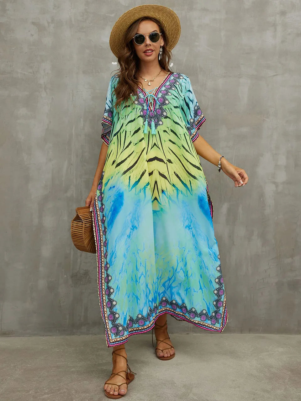 2023 Priint Maxi Dress Beach Cover Up Kaftan Robe Plage Pareos V Neck Long Dresses Summer Women Bathing Suit Cover Up Beachwear