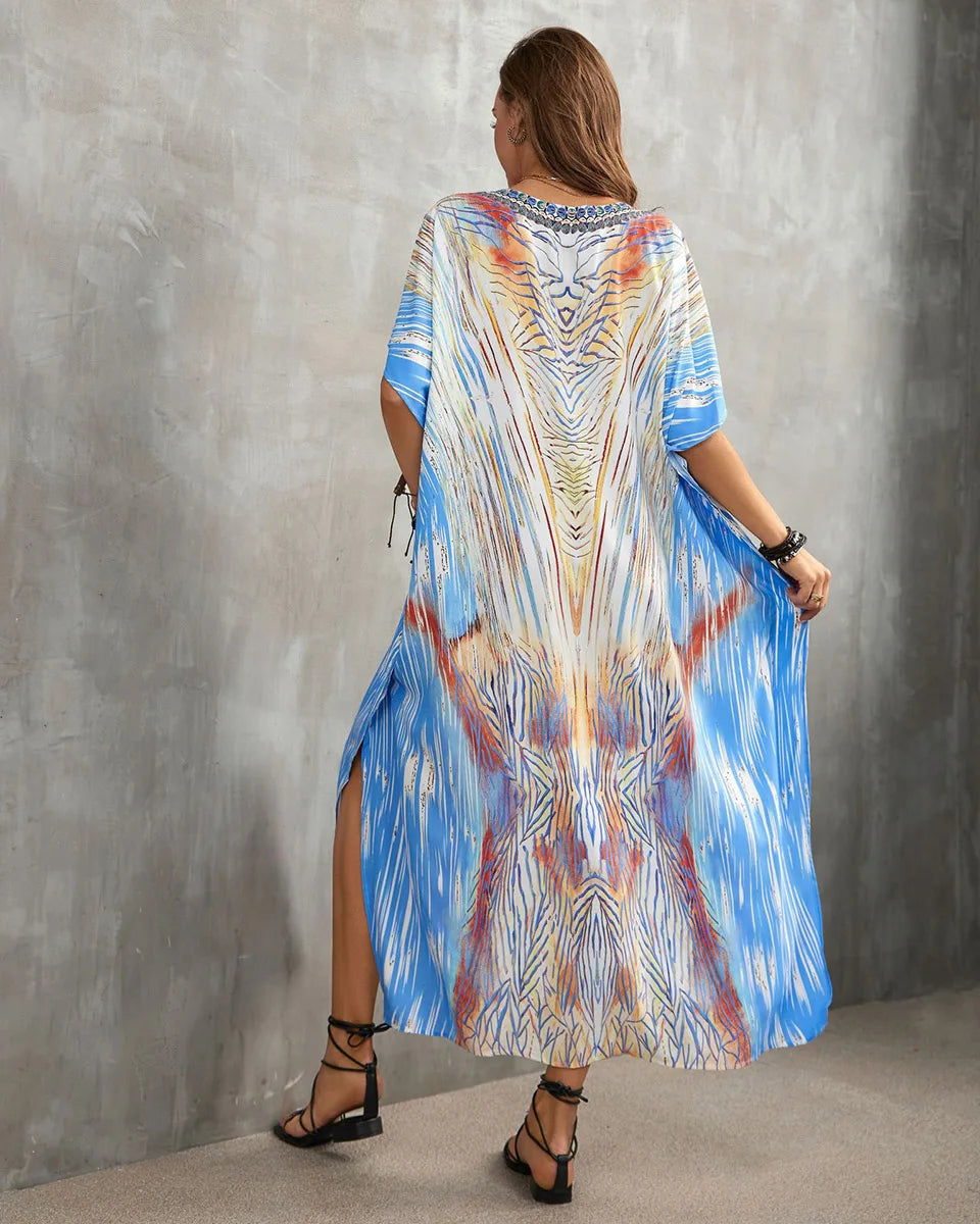2023 Priint Maxi Dress Beach Cover Up Kaftan Robe Plage Pareos V Neck Long Dresses Summer Women Bathing Suit Cover Up Beachwear