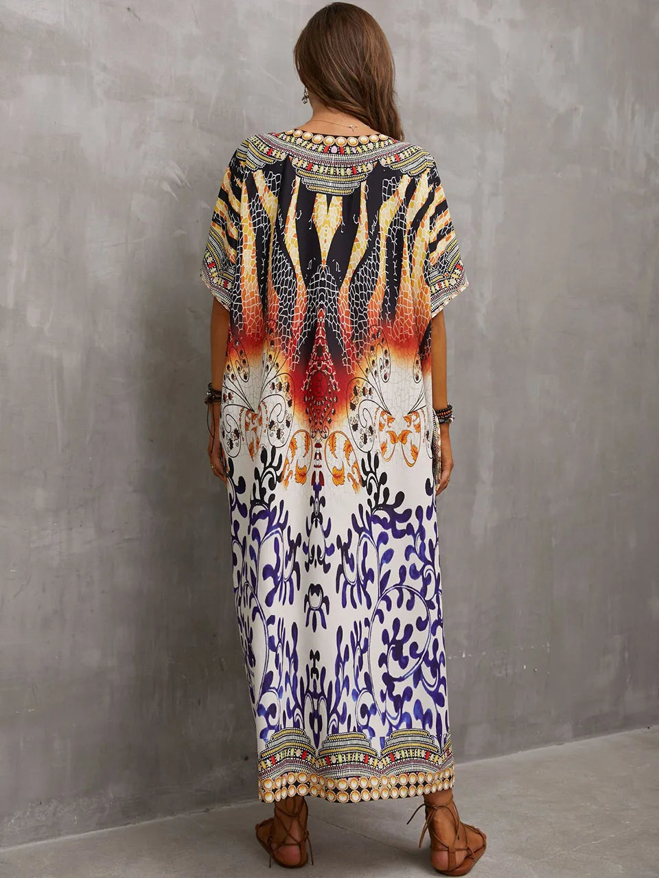 2023 Priint Maxi Dress Beach Cover Up Kaftan Robe Plage Pareos V Neck Long Dresses Summer Women Bathing Suit Cover Up Beachwear