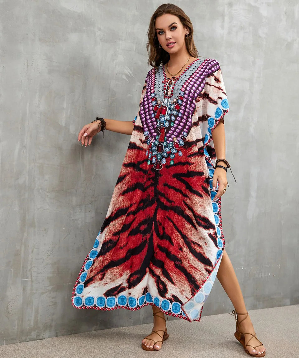 2023 Priint Maxi Dress Beach Cover Up Kaftan Robe Plage Pareos V Neck Long Dresses Summer Women Bathing Suit Cover Up Beachwear