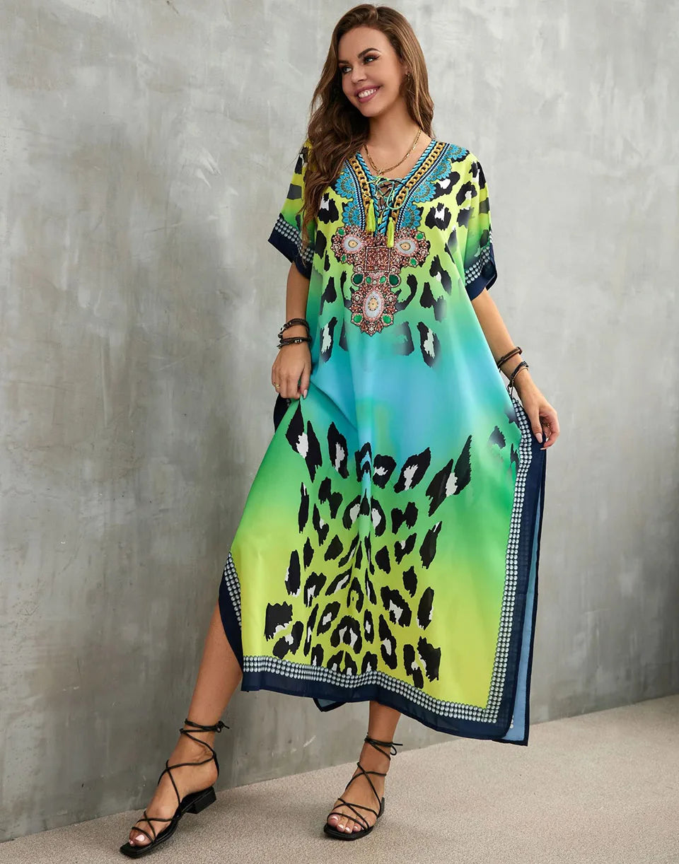 2023 Priint Maxi Dress Beach Cover Up Kaftan Robe Plage Pareos V Neck Long Dresses Summer Women Bathing Suit Cover Up Beachwear