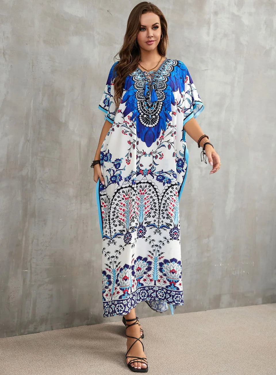 2023 Priint Maxi Dress Beach Cover Up Kaftan Robe Plage Pareos V Neck Long Dresses Summer Women Bathing Suit Cover Up Beachwear