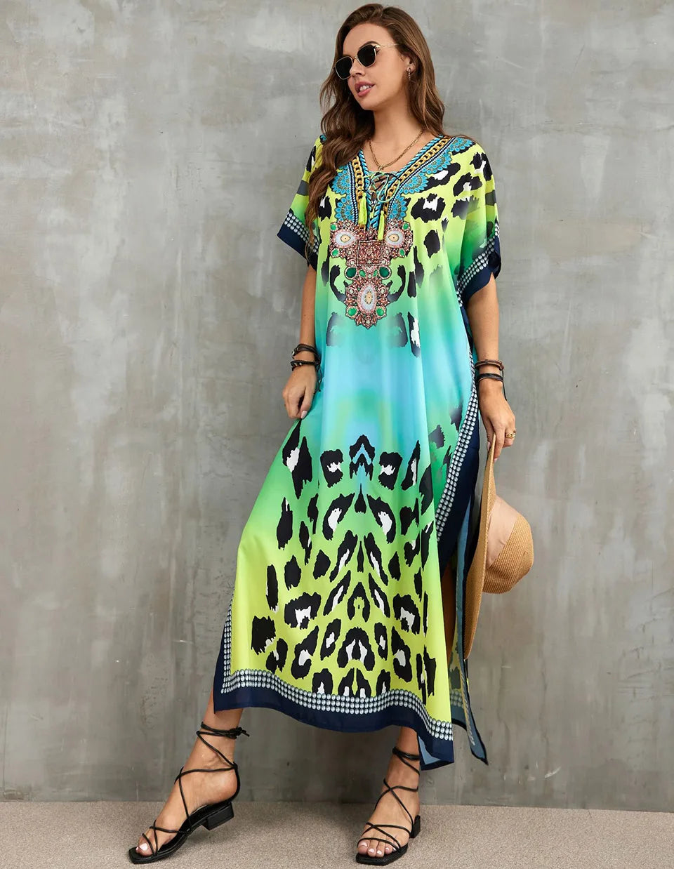 2023 Priint Maxi Dress Beach Cover Up Kaftan Robe Plage Pareos V Neck Long Dresses Summer Women Bathing Suit Cover Up Beachwear