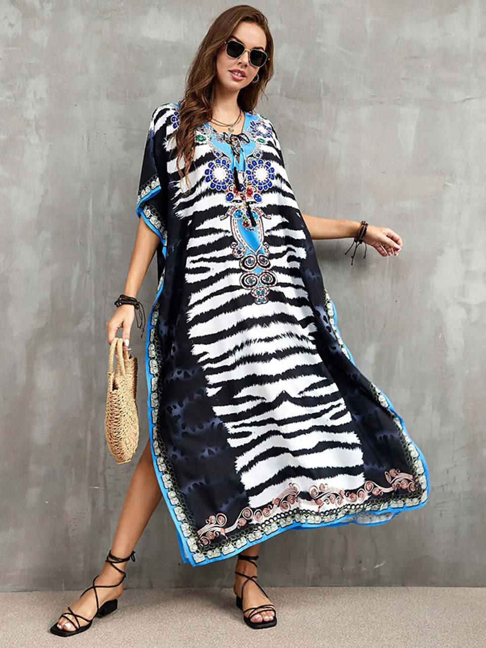 2023 Priint Maxi Dress Beach Cover Up Kaftan Robe Plage Pareos V Neck Long Dresses Summer Women Bathing Suit Cover Up Beachwear