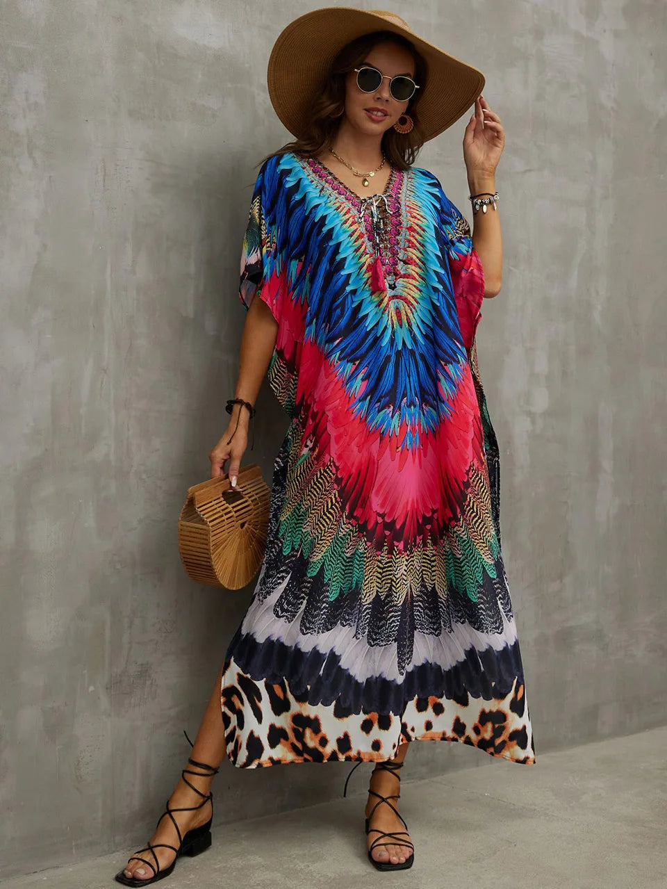 2023 Priint Maxi Dress Beach Cover Up Kaftan Robe Plage Pareos V Neck Long Dresses Summer Women Bathing Suit Cover Up Beachwear