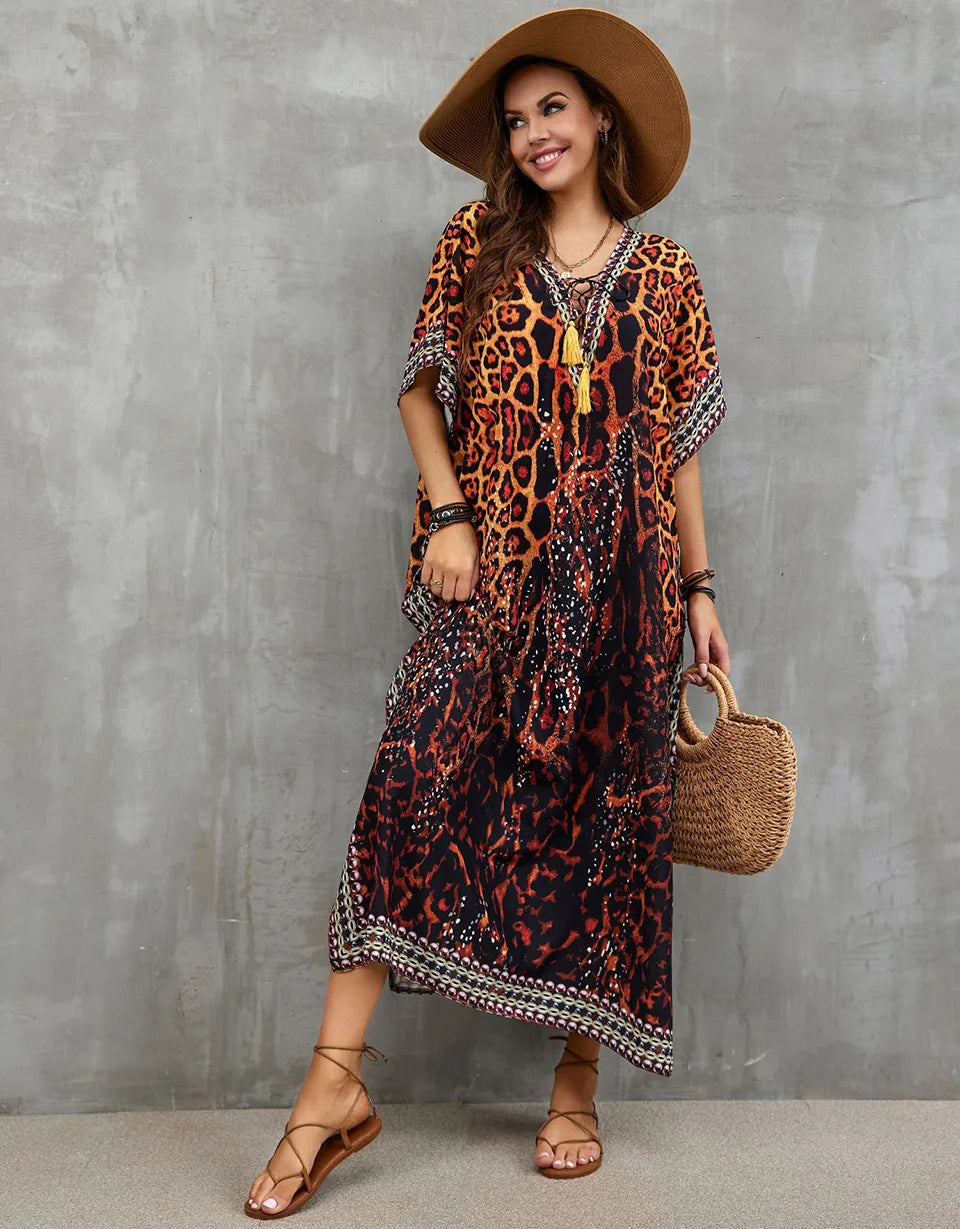 2023 Priint Maxi Dress Beach Cover Up Kaftan Robe Plage Pareos V Neck Long Dresses Summer Women Bathing Suit Cover Up Beachwear