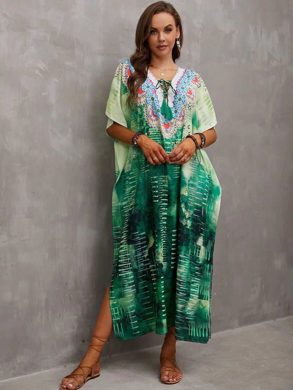 2023 Priint Maxi Dress Beach Cover Up Kaftan Robe Plage Pareos V Neck Long Dresses Summer Women Bathing Suit Cover Up Beachwear