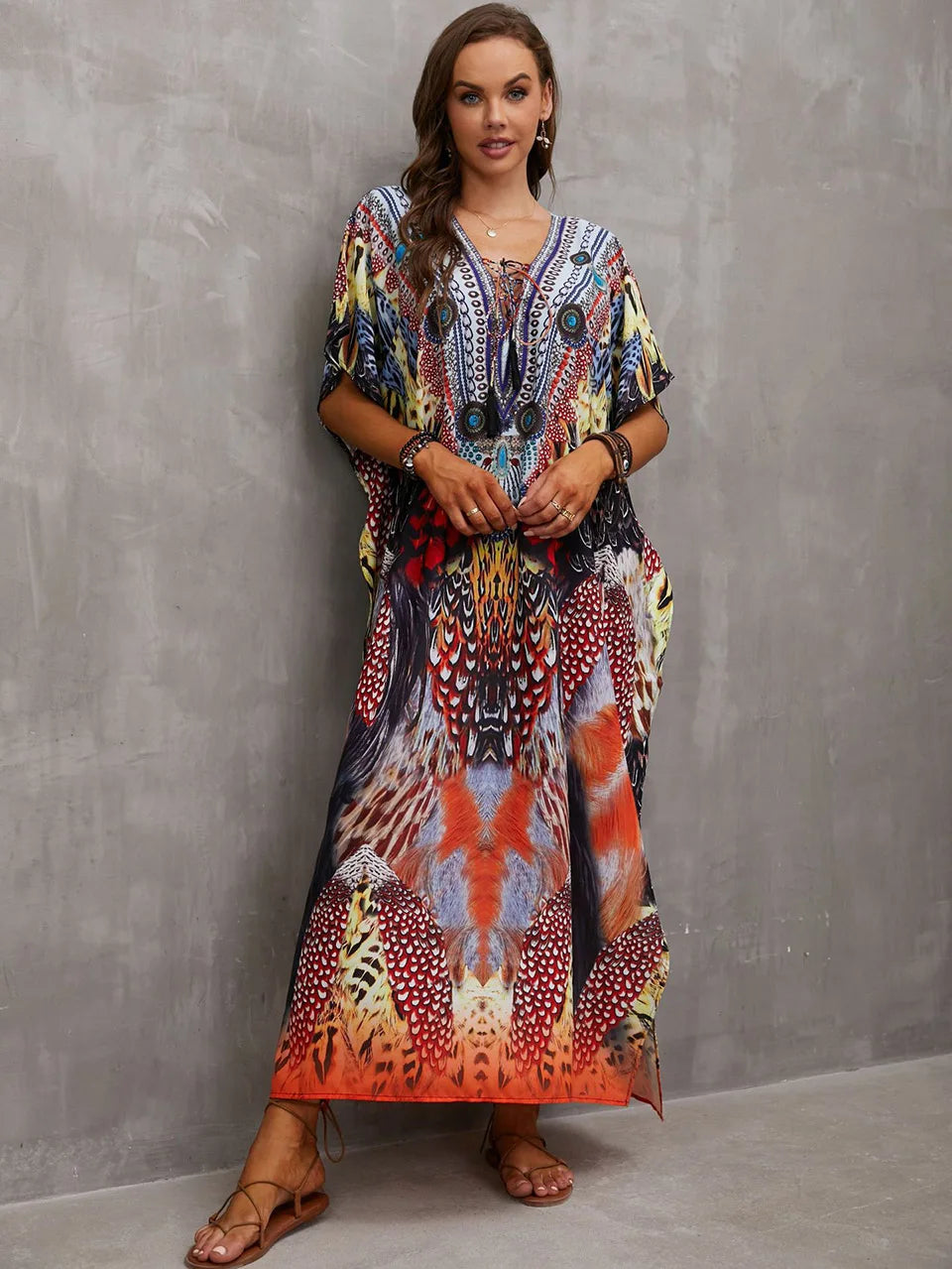 2023 Priint Maxi Dress Beach Cover Up Kaftan Robe Plage Pareos V Neck Long Dresses Summer Women Bathing Suit Cover Up Beachwear