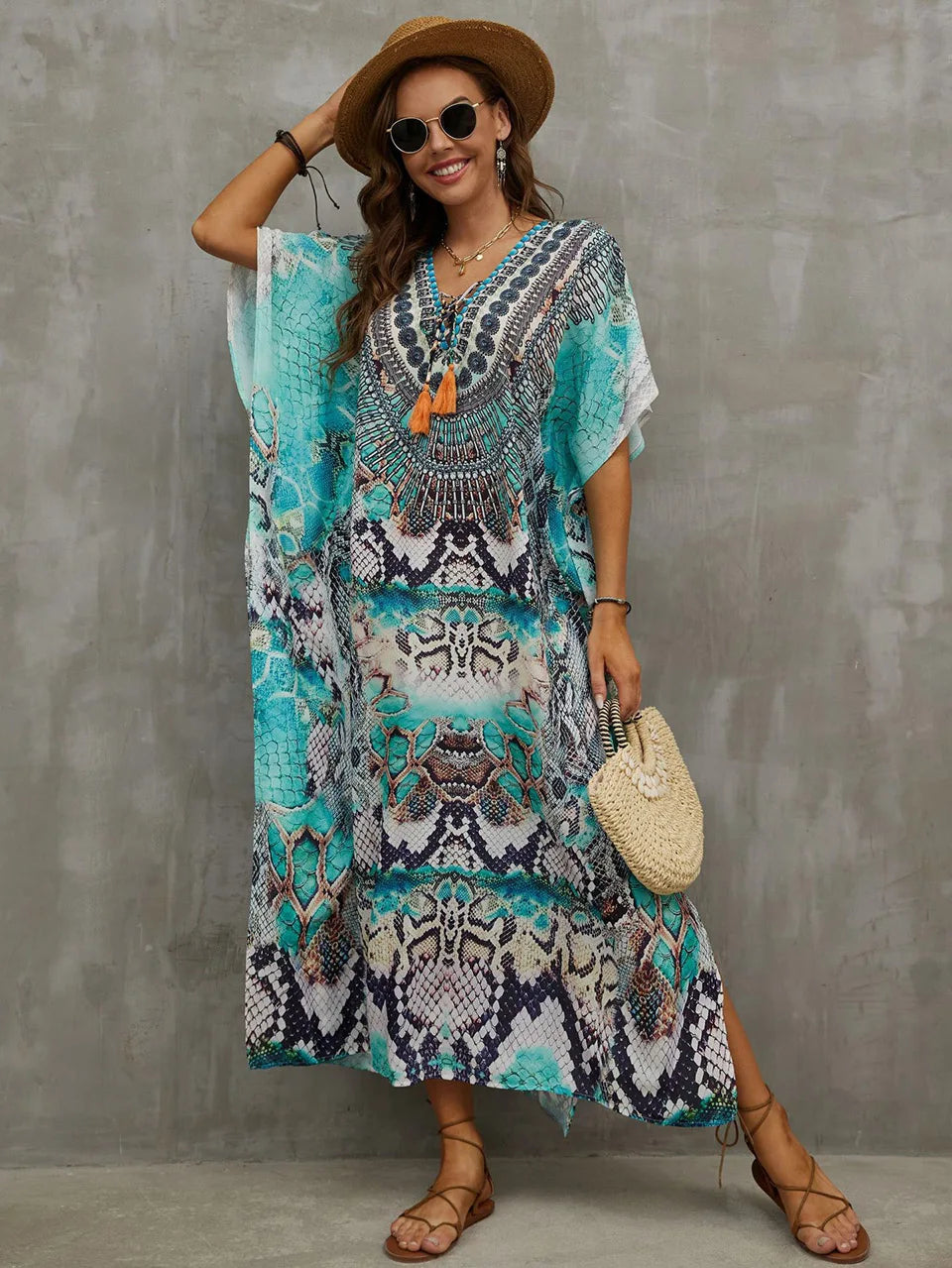 2023 Priint Maxi Dress Beach Cover Up Kaftan Robe Plage Pareos V Neck Long Dresses Summer Women Bathing Suit Cover Up Beachwear