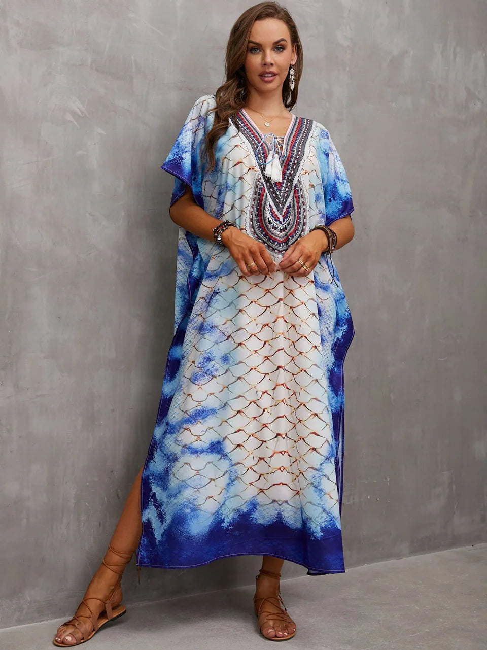 2023 Priint Maxi Dress Beach Cover Up Kaftan Robe Plage Pareos V Neck Long Dresses Summer Women Bathing Suit Cover Up Beachwear