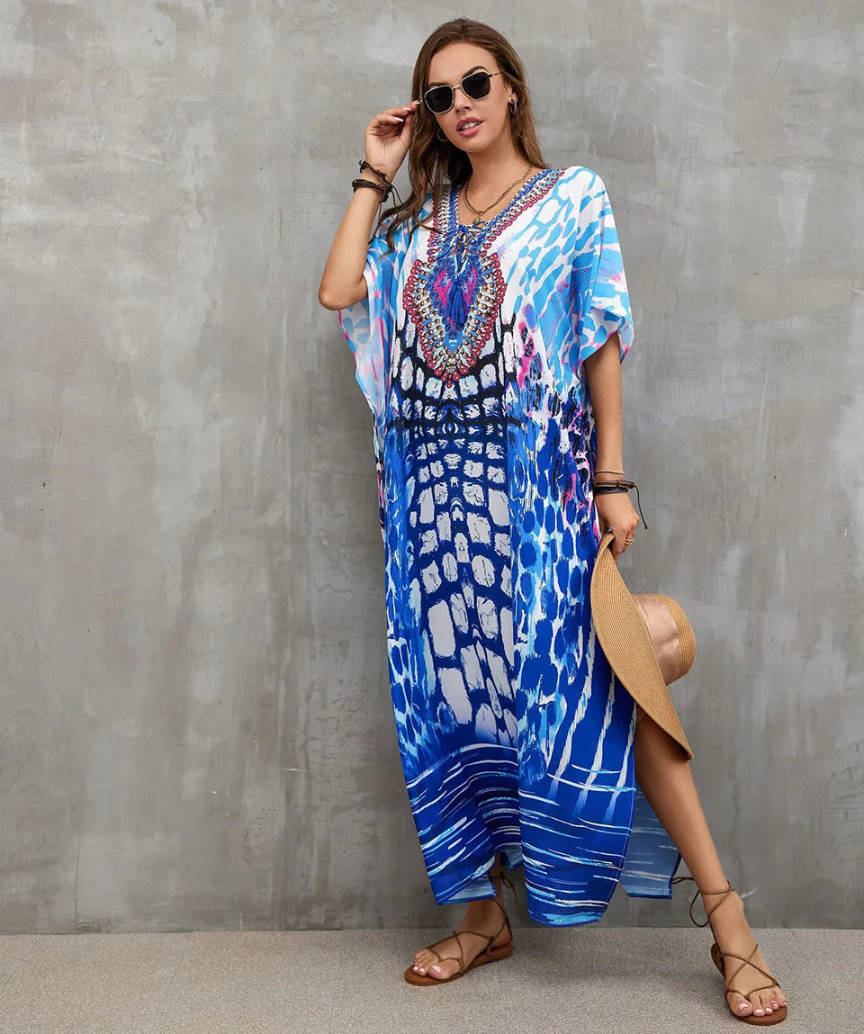 2023 Priint Maxi Dress Beach Cover Up Kaftan Robe Plage Pareos V Neck Long Dresses Summer Women Bathing Suit Cover Up Beachwear
