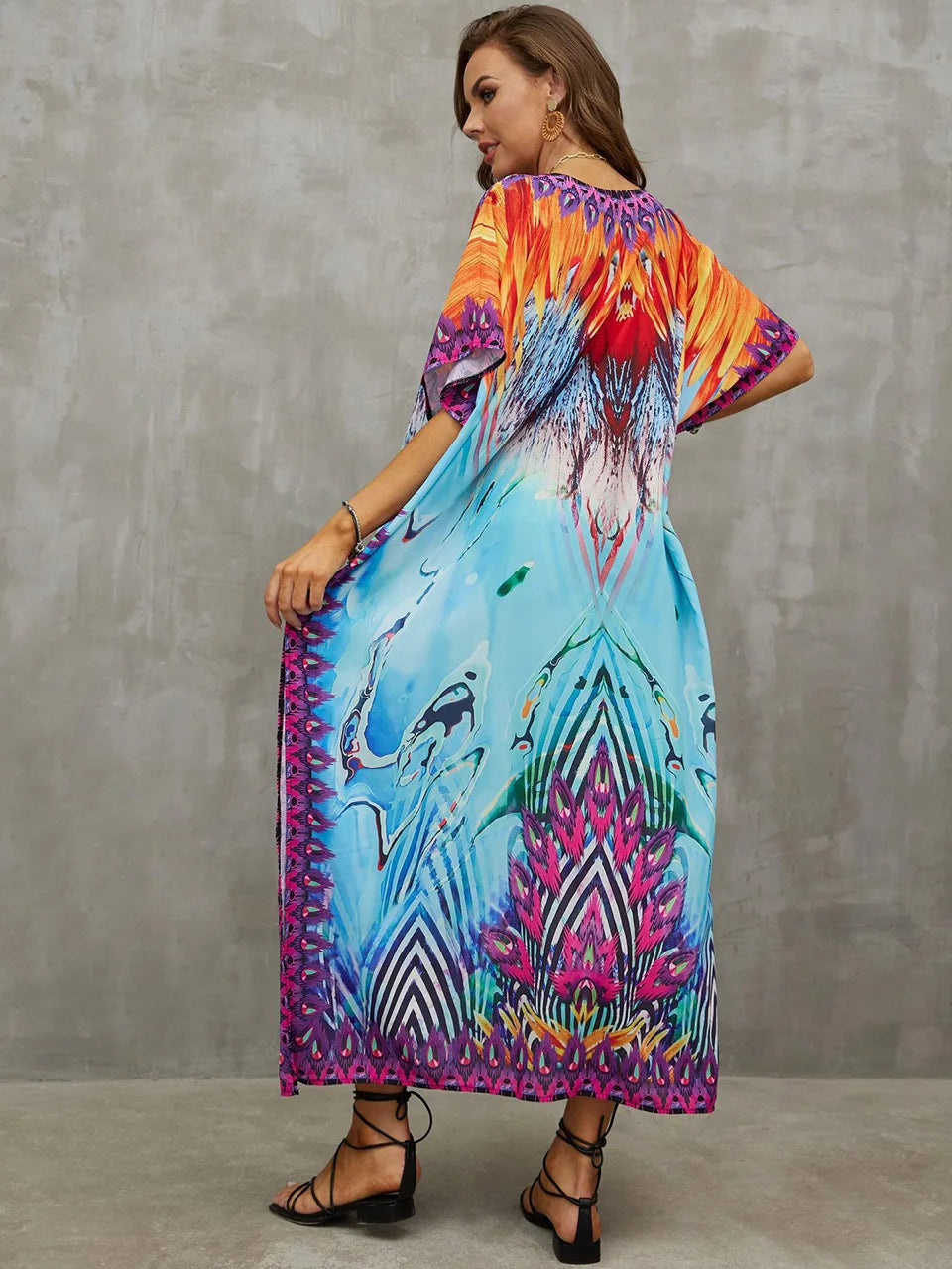 2023 Priint Maxi Dress Beach Cover Up Kaftan Robe Plage Pareos V Neck Long Dresses Summer Women Bathing Suit Cover Up Beachwear