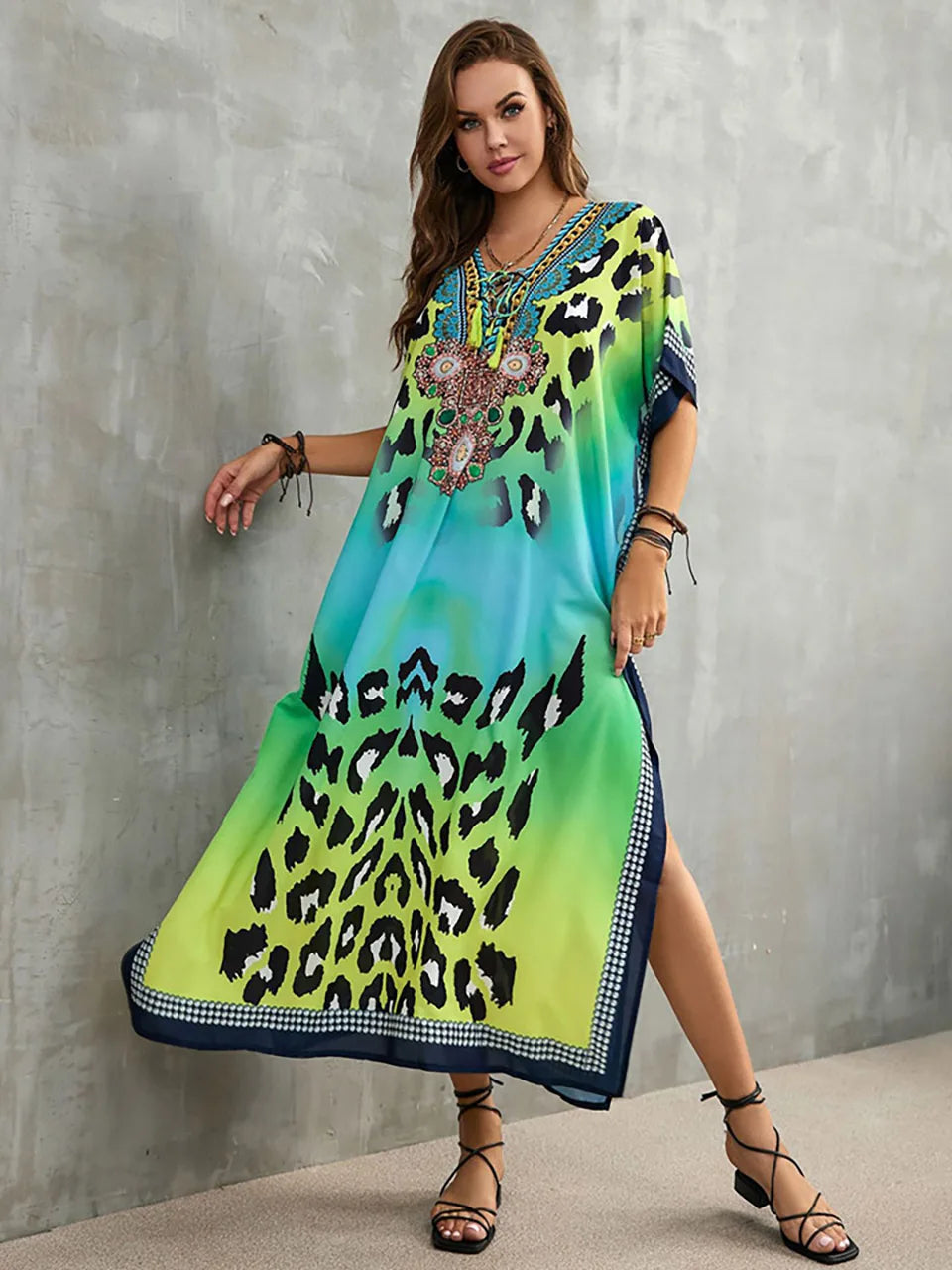 2023 Priint Maxi Dress Beach Cover Up Kaftan Robe Plage Pareos V Neck Long Dresses Summer Women Bathing Suit Cover Up Beachwear
