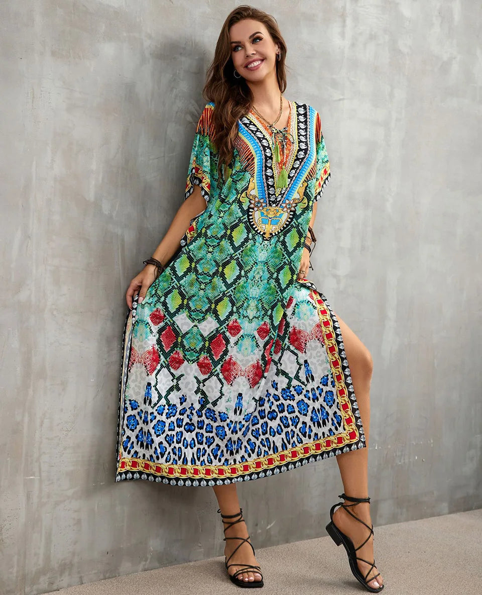2023 Priint Maxi Dress Beach Cover Up Kaftan Robe Plage Pareos V Neck Long Dresses Summer Women Bathing Suit Cover Up Beachwear
