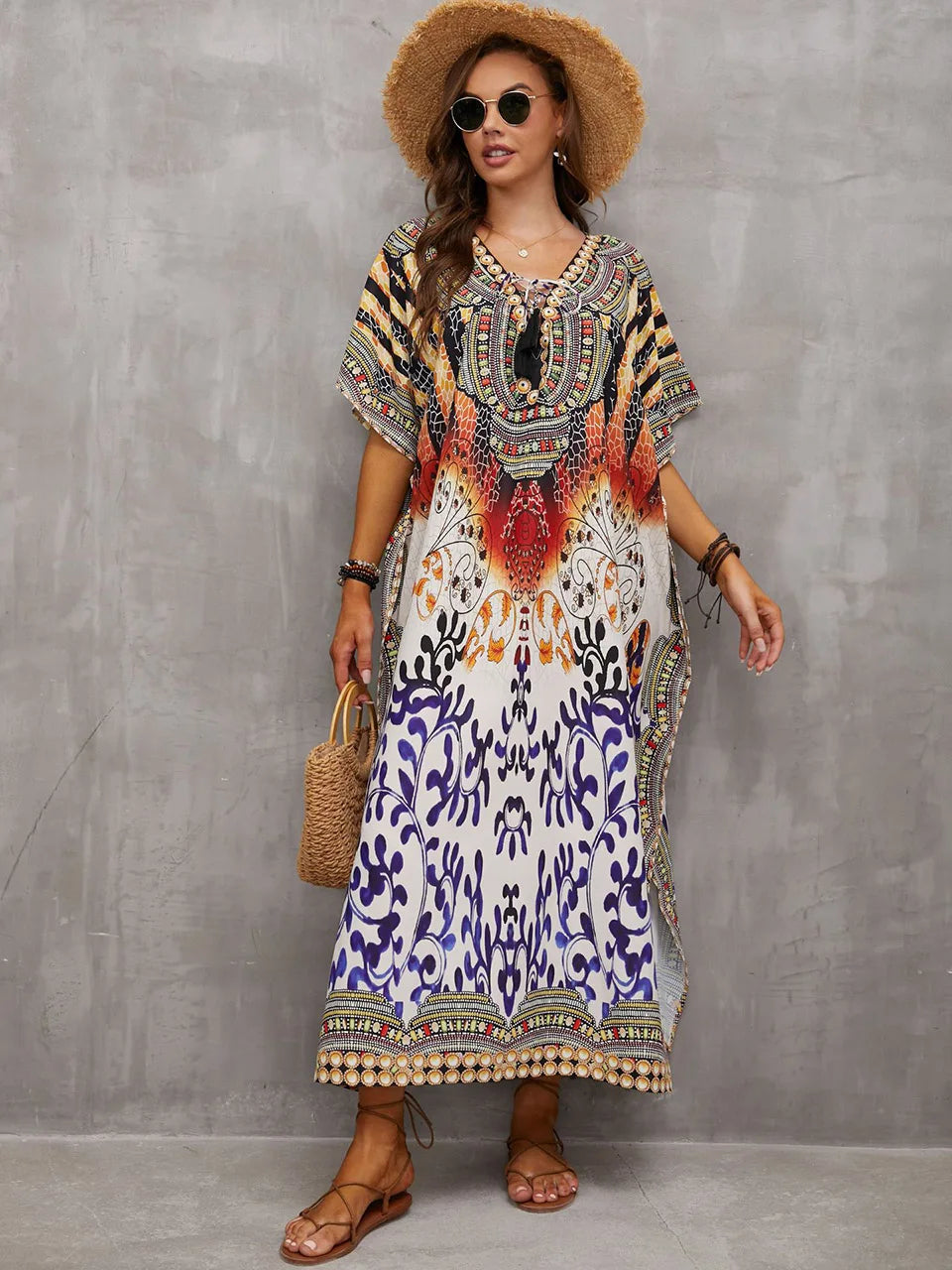 2023 Priint Maxi Dress Beach Cover Up Kaftan Robe Plage Pareos V Neck Long Dresses Summer Women Bathing Suit Cover Up Beachwear