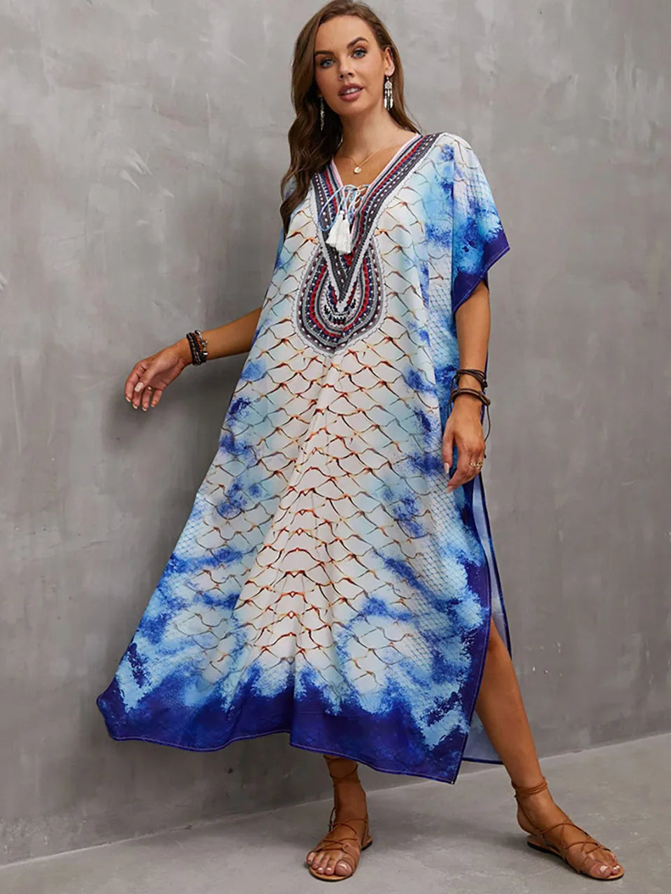 2023 Priint Maxi Dress Beach Cover Up Kaftan Robe Plage Pareos V Neck Long Dresses Summer Women Bathing Suit Cover Up Beachwear