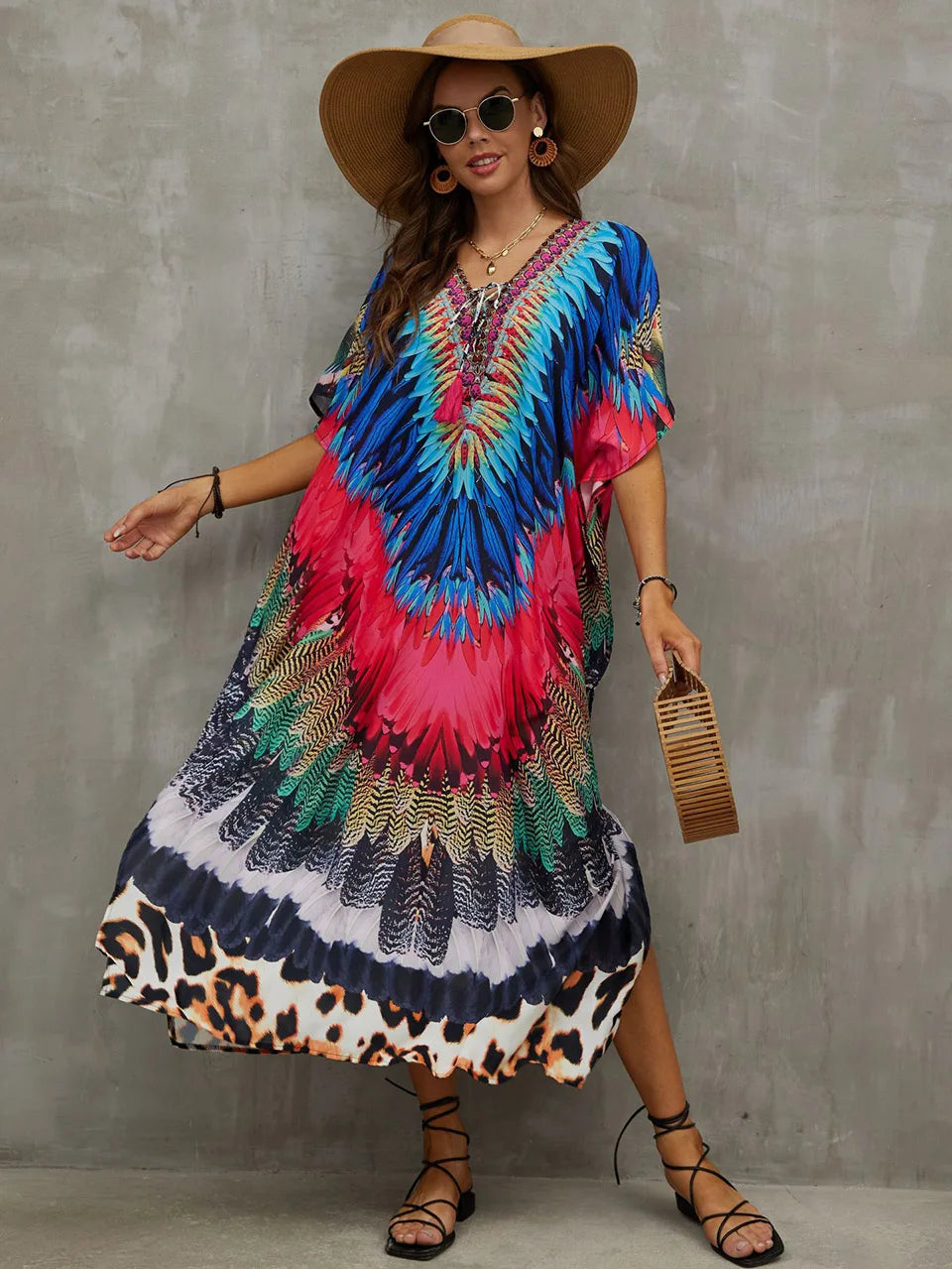 2023 Priint Maxi Dress Beach Cover Up Kaftan Robe Plage Pareos V Neck Long Dresses Summer Women Bathing Suit Cover Up Beachwear