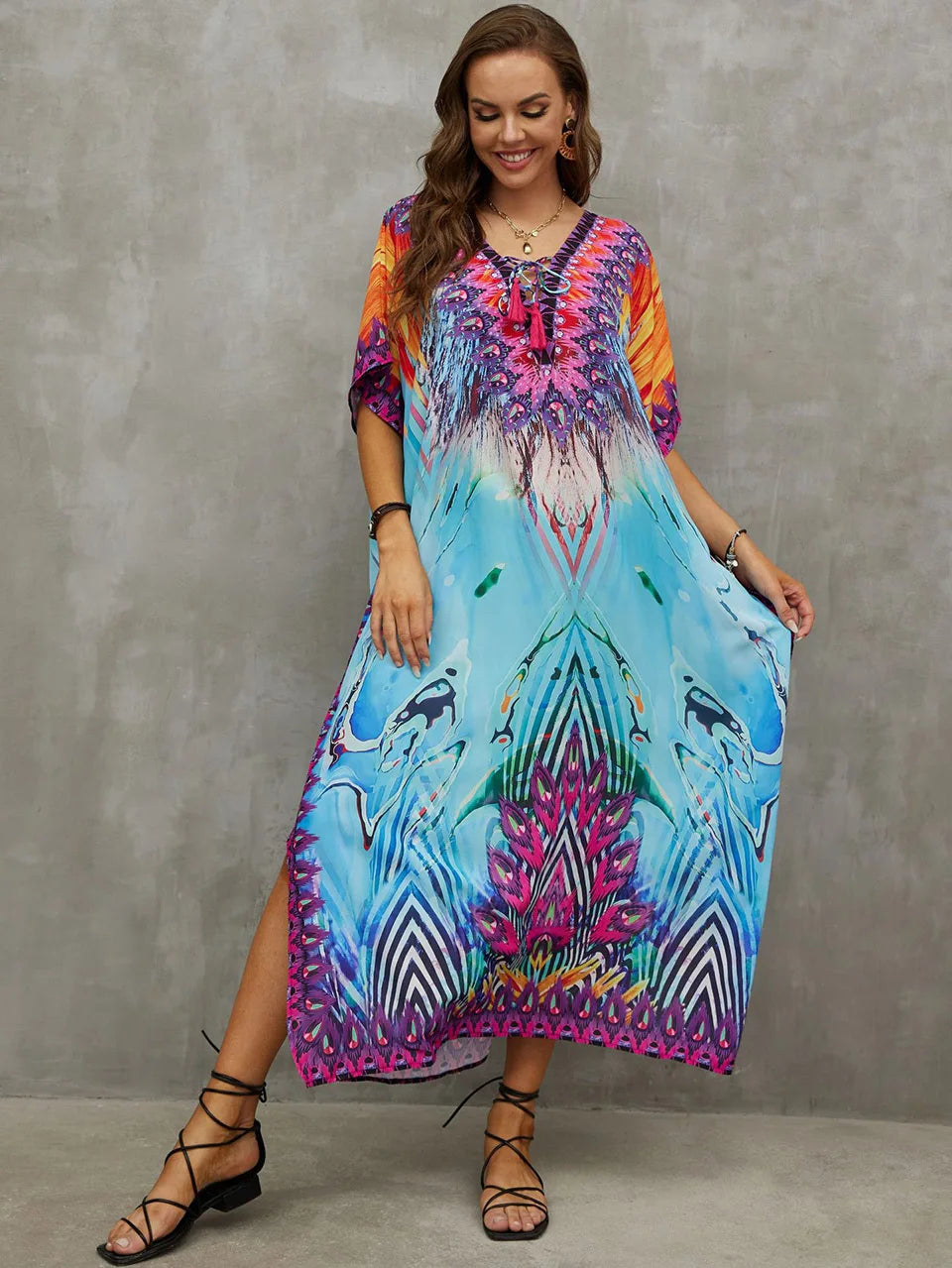2023 Priint Maxi Dress Beach Cover Up Kaftan Robe Plage Pareos V Neck Long Dresses Summer Women Bathing Suit Cover Up Beachwear