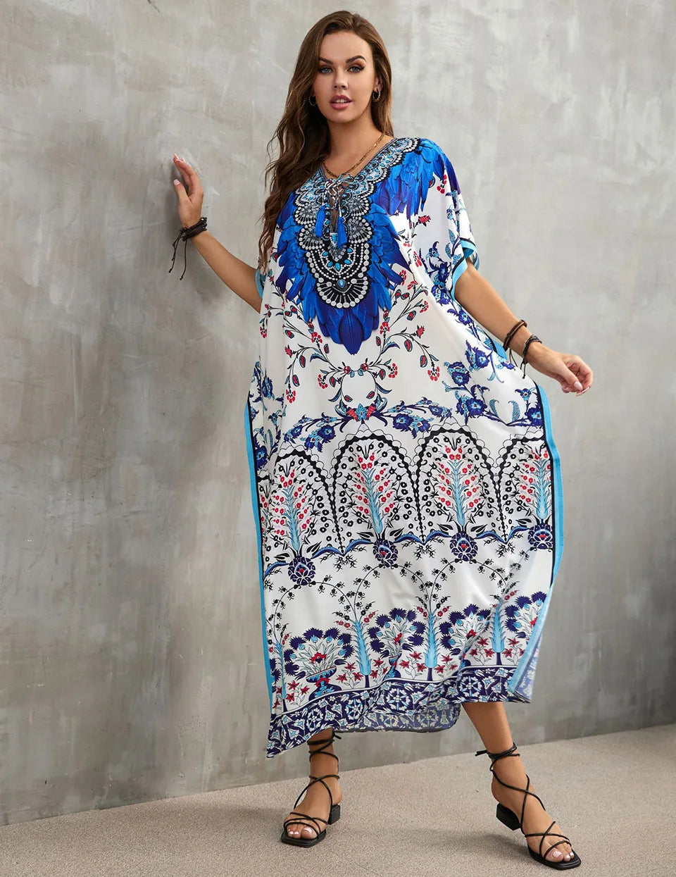 2023 Priint Maxi Dress Beach Cover Up Kaftan Robe Plage Pareos V Neck Long Dresses Summer Women Bathing Suit Cover Up Beachwear