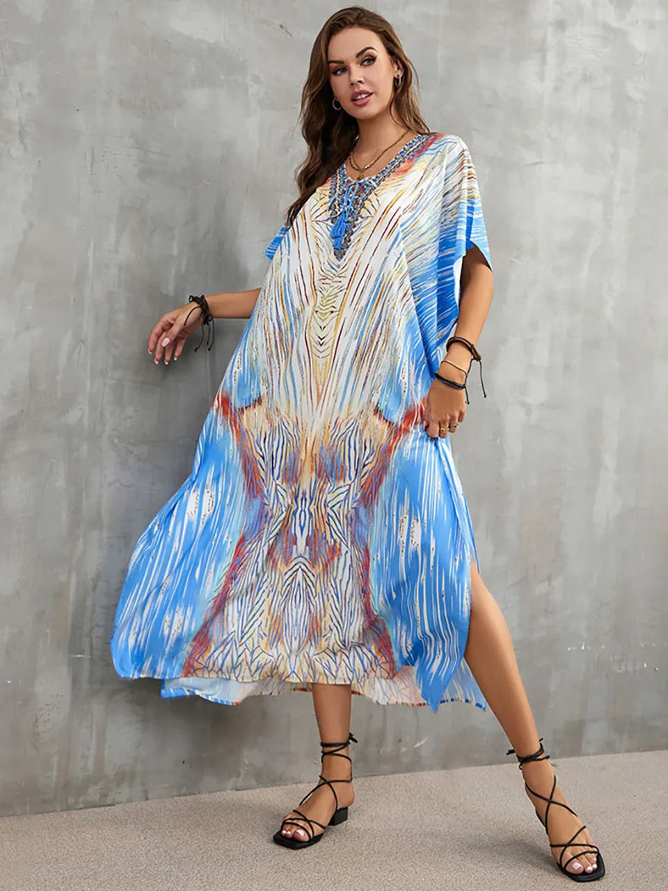 2023 Priint Maxi Dress Beach Cover Up Kaftan Robe Plage Pareos V Neck Long Dresses Summer Women Bathing Suit Cover Up Beachwear