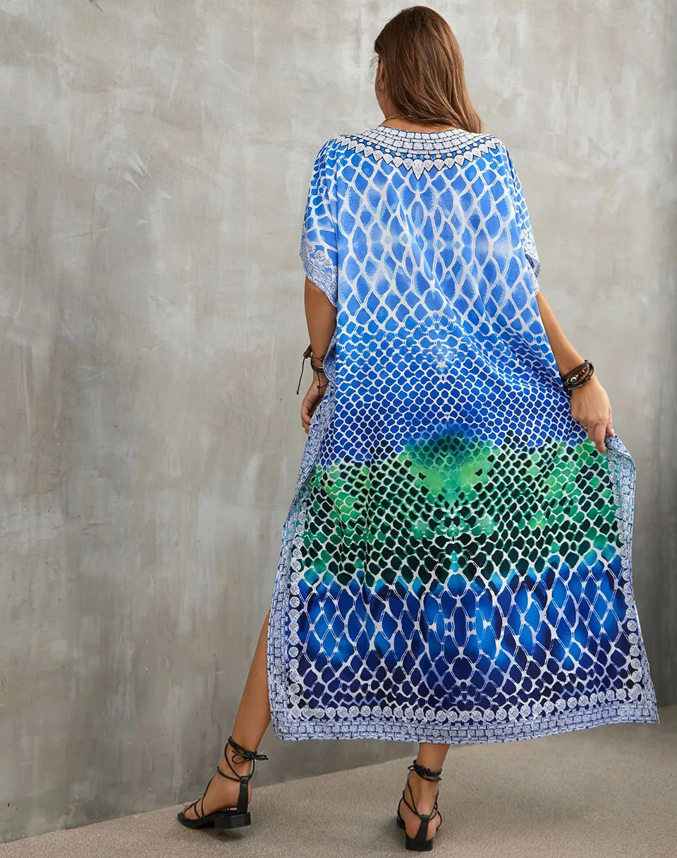 2023 Priint Maxi Dress Beach Cover Up Kaftan Robe Plage Pareos V Neck Long Dresses Summer Women Bathing Suit Cover Up Beachwear