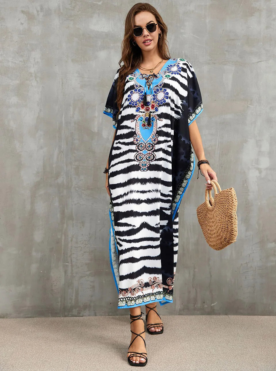 2023 Priint Maxi Dress Beach Cover Up Kaftan Robe Plage Pareos V Neck Long Dresses Summer Women Bathing Suit Cover Up Beachwear