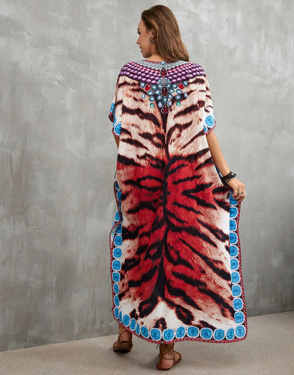 2023 Priint Maxi Dress Beach Cover Up Kaftan Robe Plage Pareos V Neck Long Dresses Summer Women Bathing Suit Cover Up Beachwear