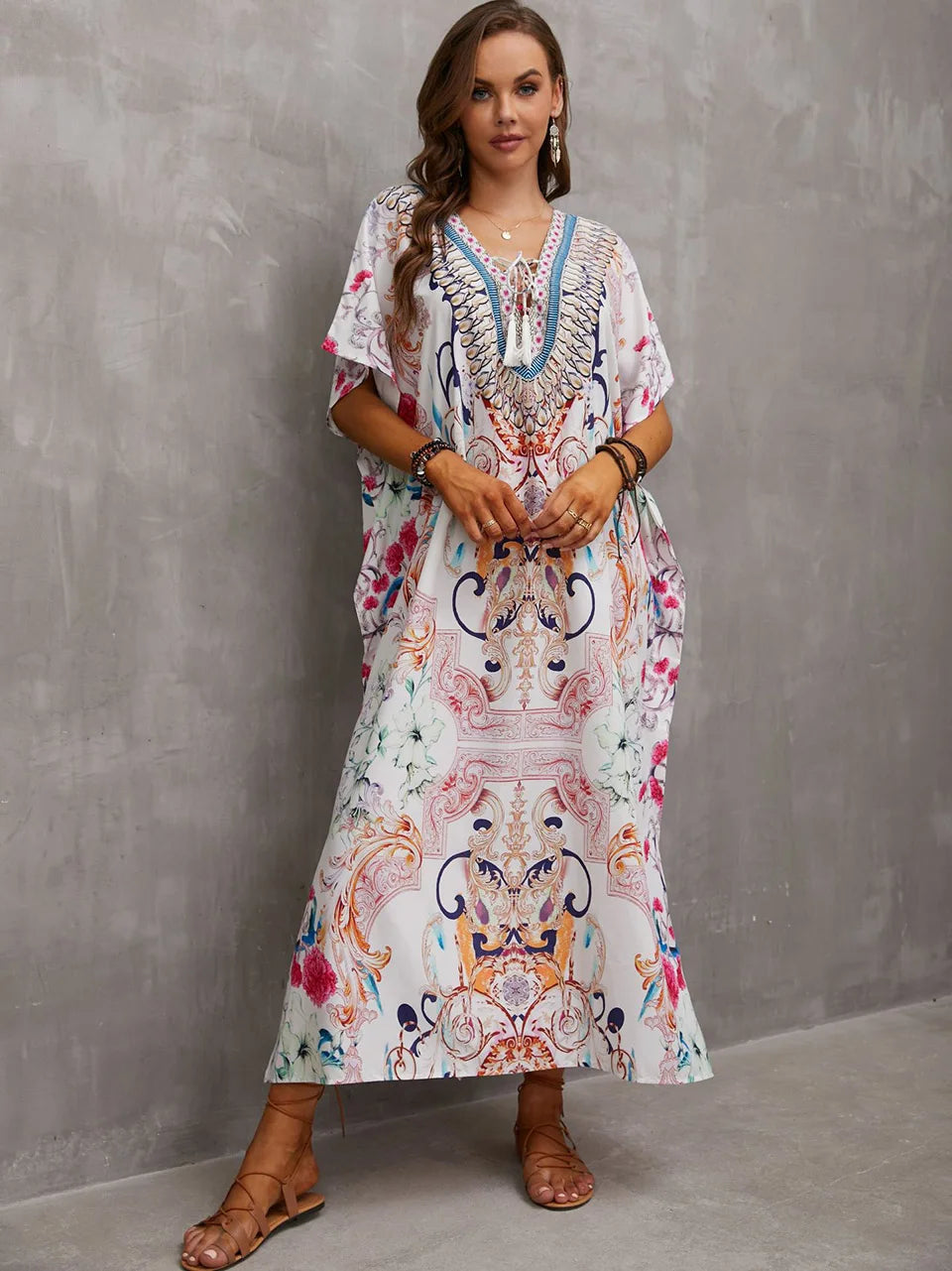 2023 Priint Maxi Dress Beach Cover Up Kaftan Robe Plage Pareos V Neck Long Dresses Summer Women Bathing Suit Cover Up Beachwear