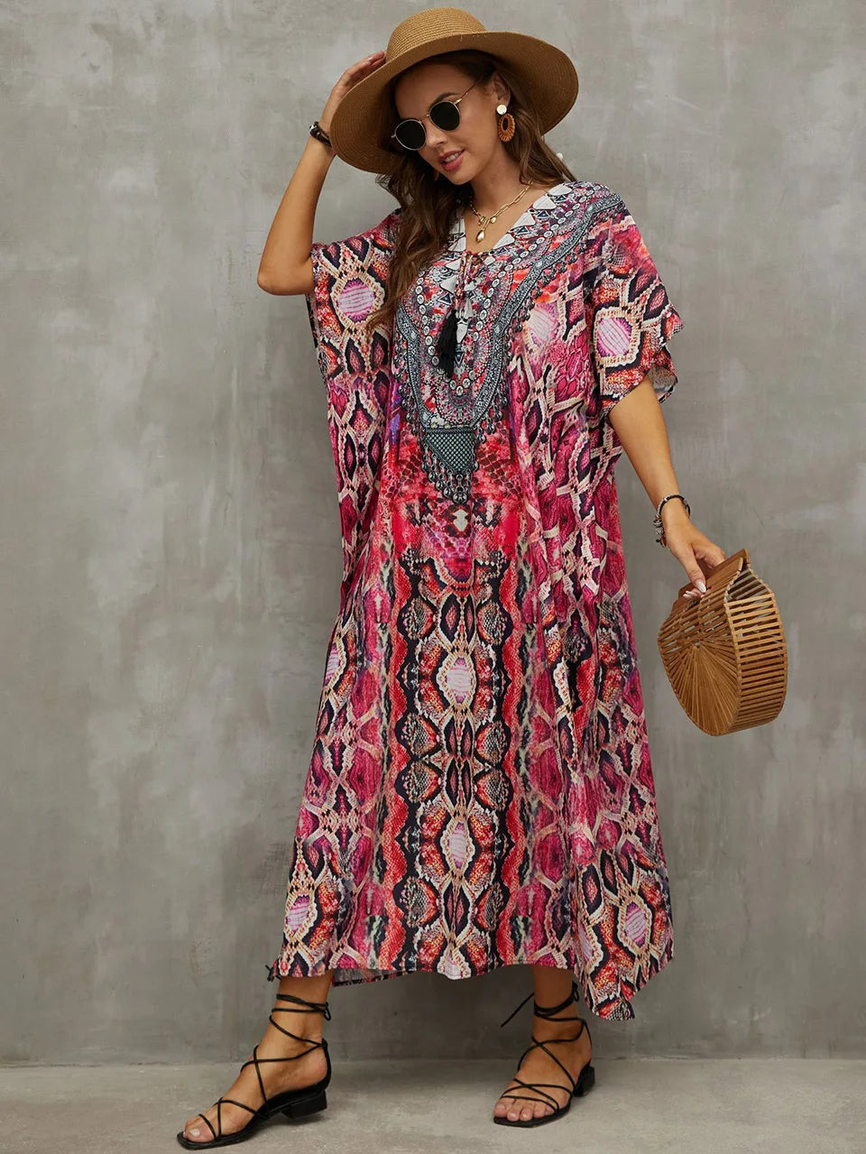 2023 Priint Maxi Dress Beach Cover Up Kaftan Robe Plage Pareos V Neck Long Dresses Summer Women Bathing Suit Cover Up Beachwear