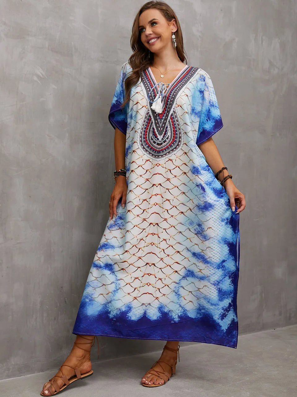 2023 Priint Maxi Dress Beach Cover Up Kaftan Robe Plage Pareos V Neck Long Dresses Summer Women Bathing Suit Cover Up Beachwear