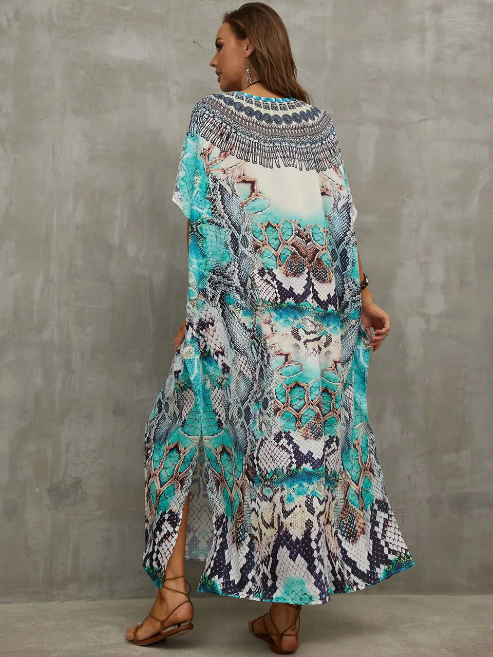 2023 Priint Maxi Dress Beach Cover Up Kaftan Robe Plage Pareos V Neck Long Dresses Summer Women Bathing Suit Cover Up Beachwear