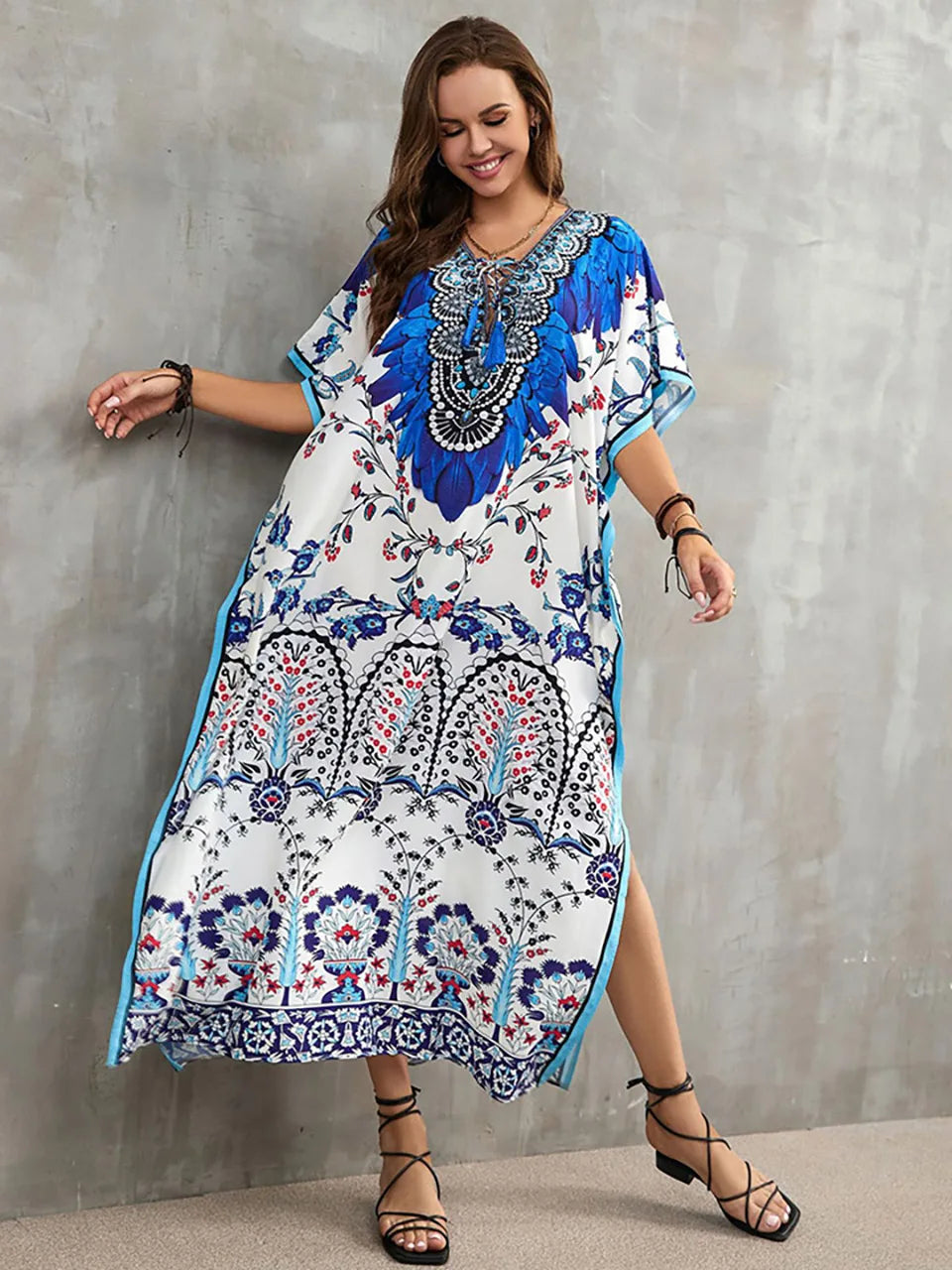 2023 Priint Maxi Dress Beach Cover Up Kaftan Robe Plage Pareos V Neck Long Dresses Summer Women Bathing Suit Cover Up Beachwear